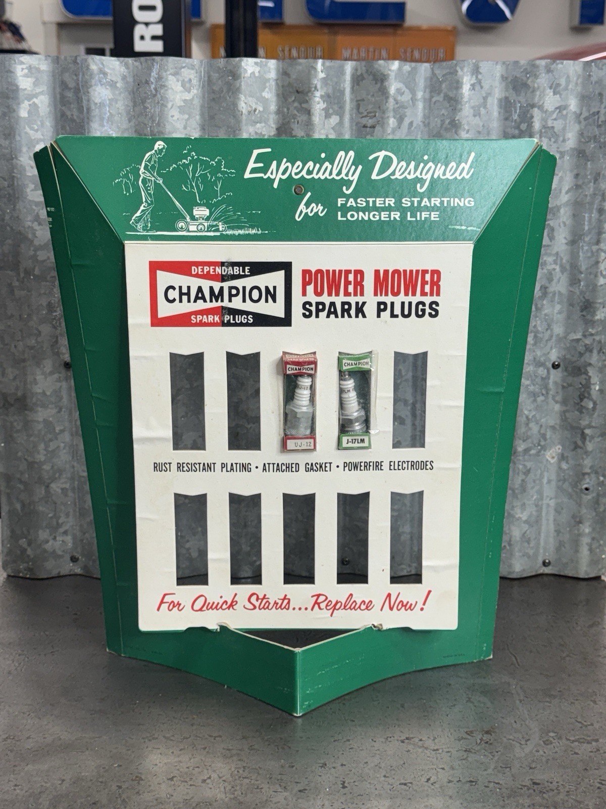 Vintage Champion Spark Plugs Fold Out Display Sign Power Mower Gas Oil