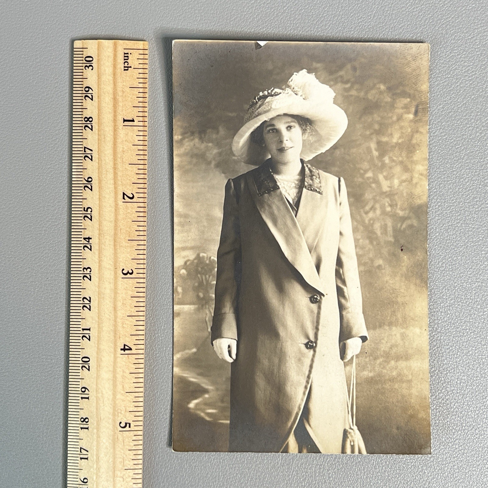 Vtg 1910s RPPC Real Photo Postcard Woman Merry Widow Hat Edwardian Fashion Coat