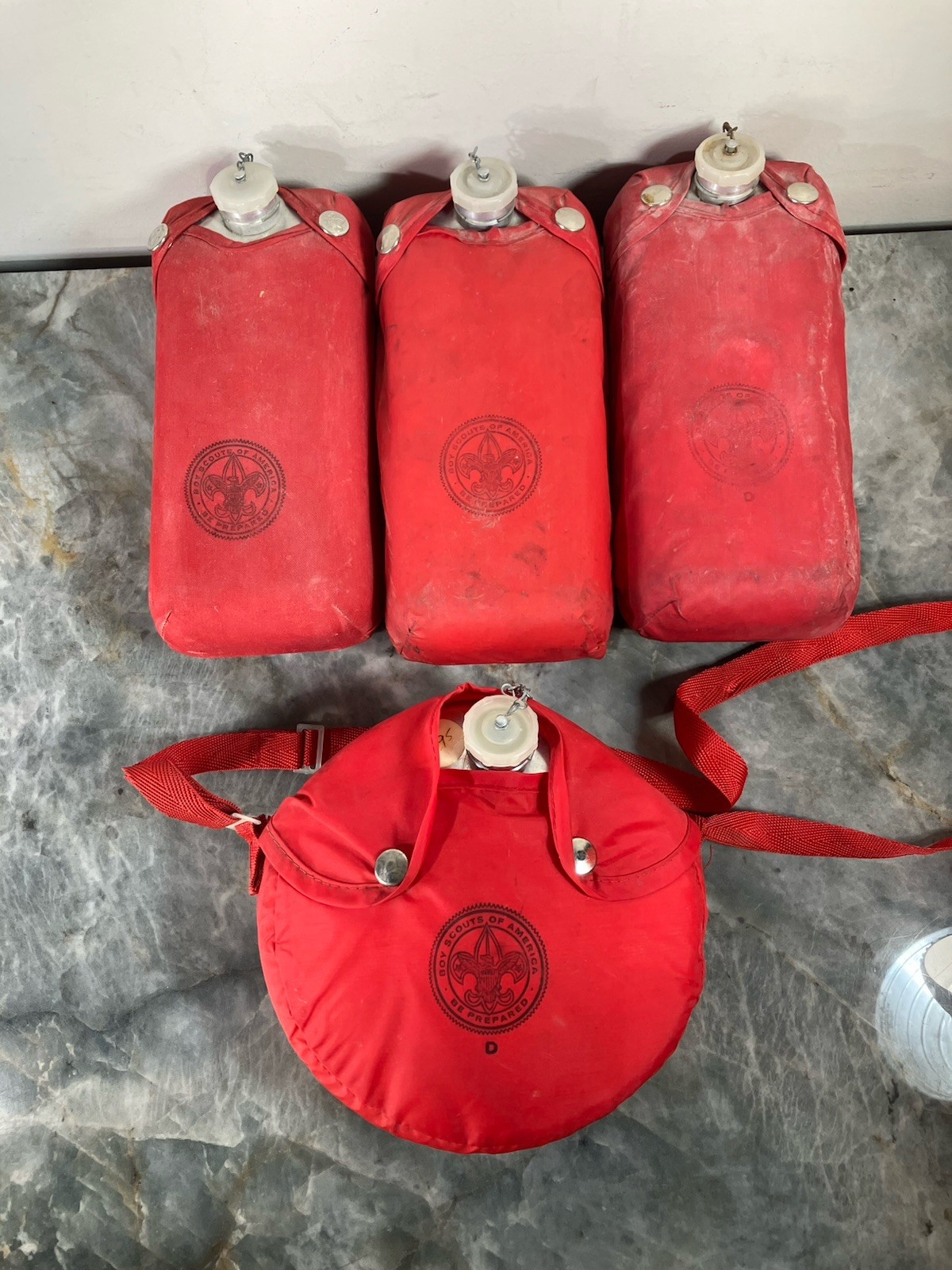 Vtg Boy Scouts of America (BSA) Aluminum Mess Kit Bag And Canteen Stamp Logo X 4