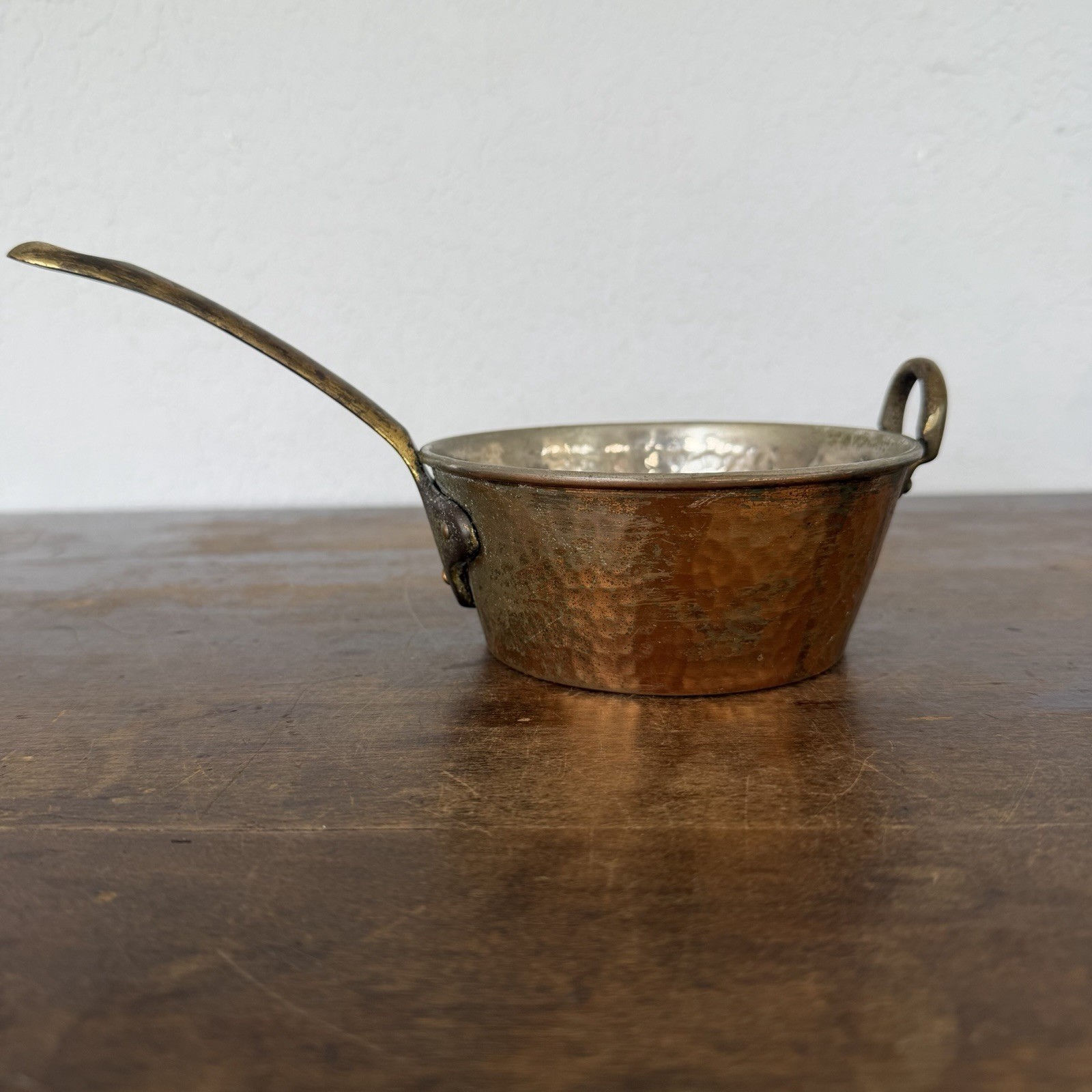 HEAVY THICK FRENCH ANTIQUE COPPER And BRASS SAUCEPAN HAND HAMMERED POT 5”