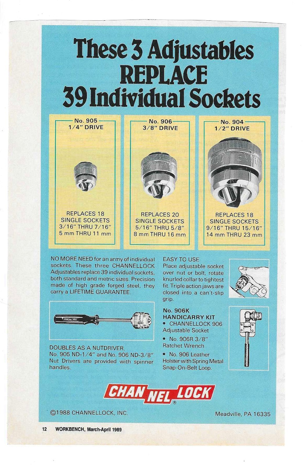 1989 ChannelLock Channel Lock Hand Tools Vintage Print Advertisement