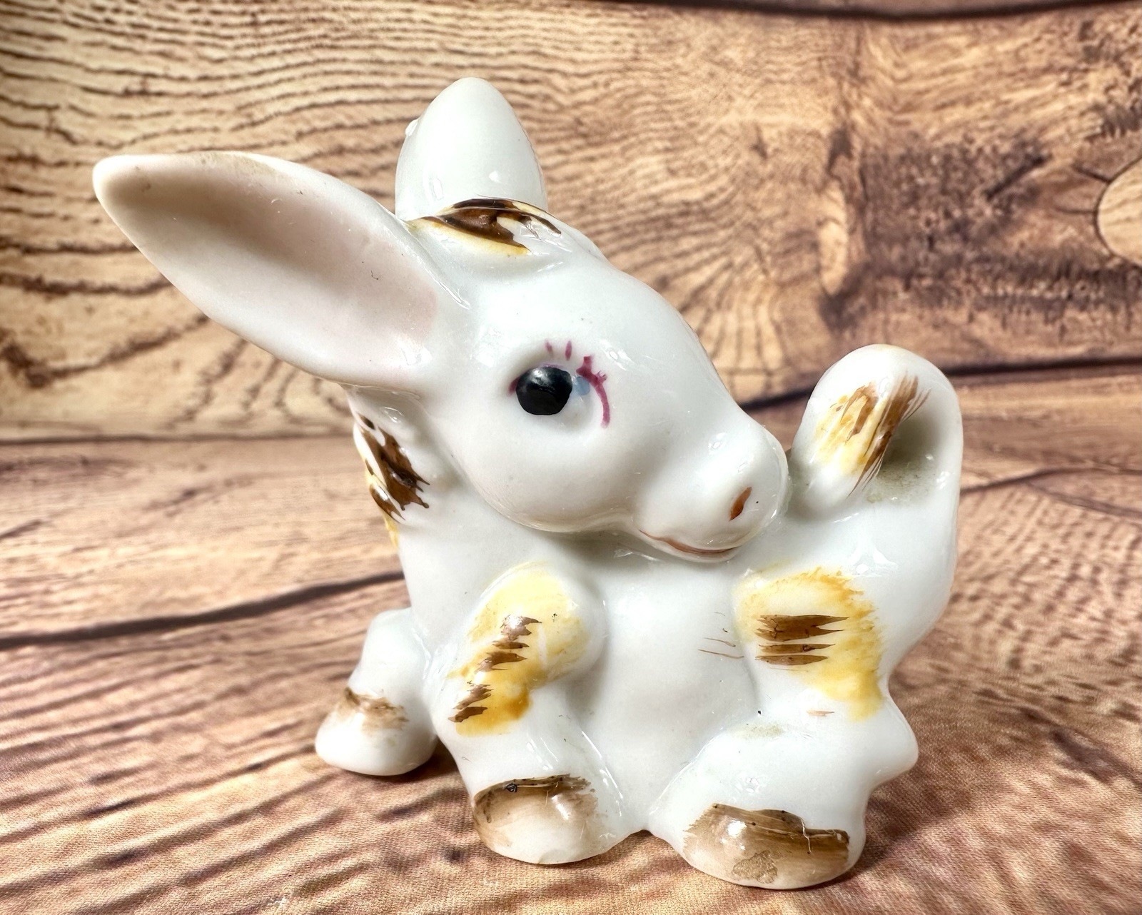 Vintage Playful White & Brown Donkey Ceramic Porcelain Figurine Japan 2-1/2”