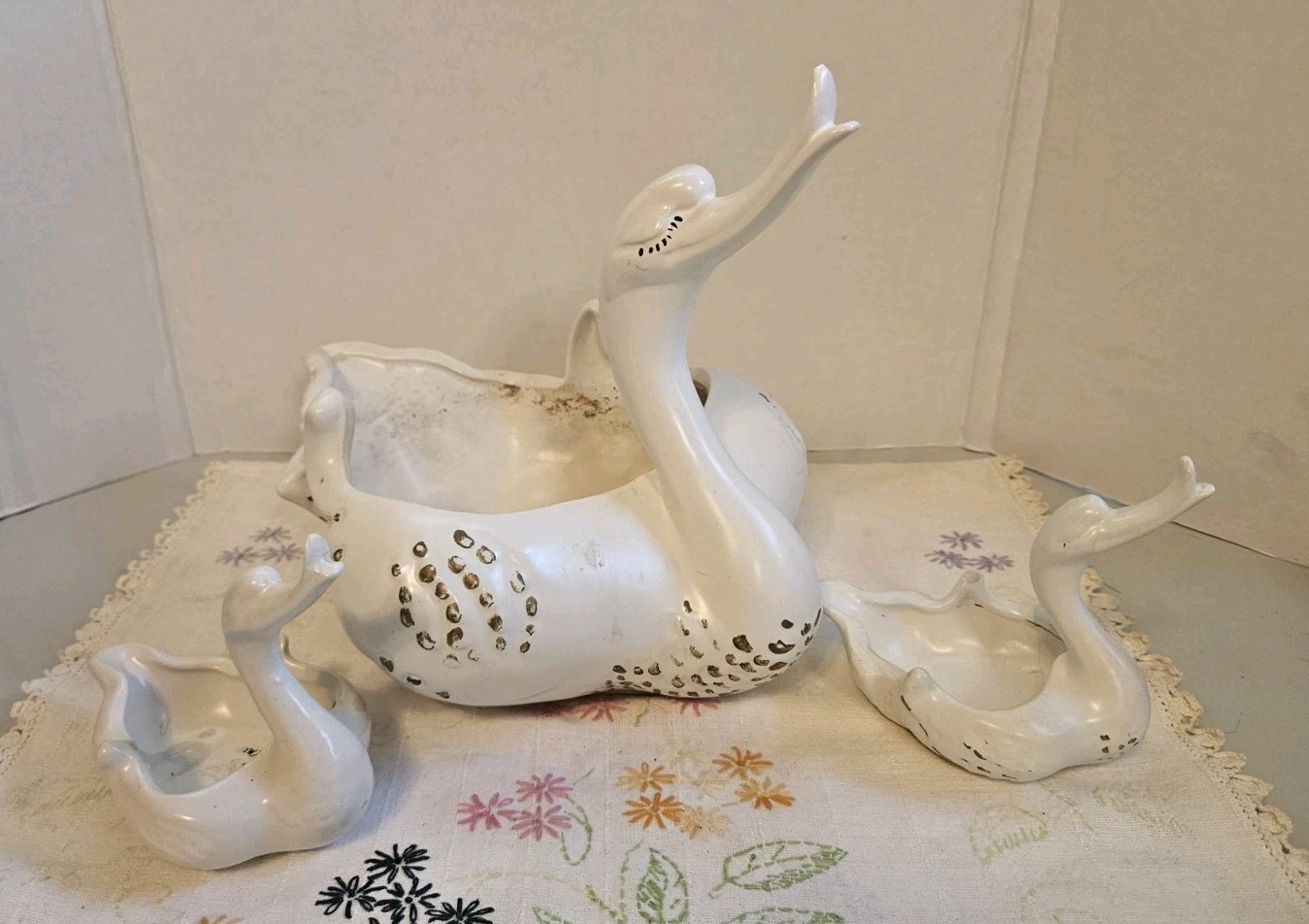 Vintage Hull Pottery White Ceramic Swan & Babies Planter Succulent Holder MCM
