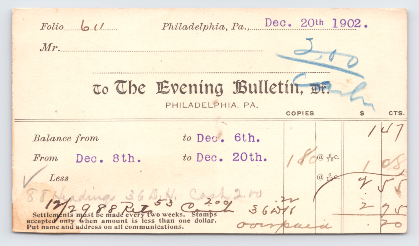 1902 Evening Bulletin Newsdealer Bill Postal Card Philadelphia to Womelsdorf PA