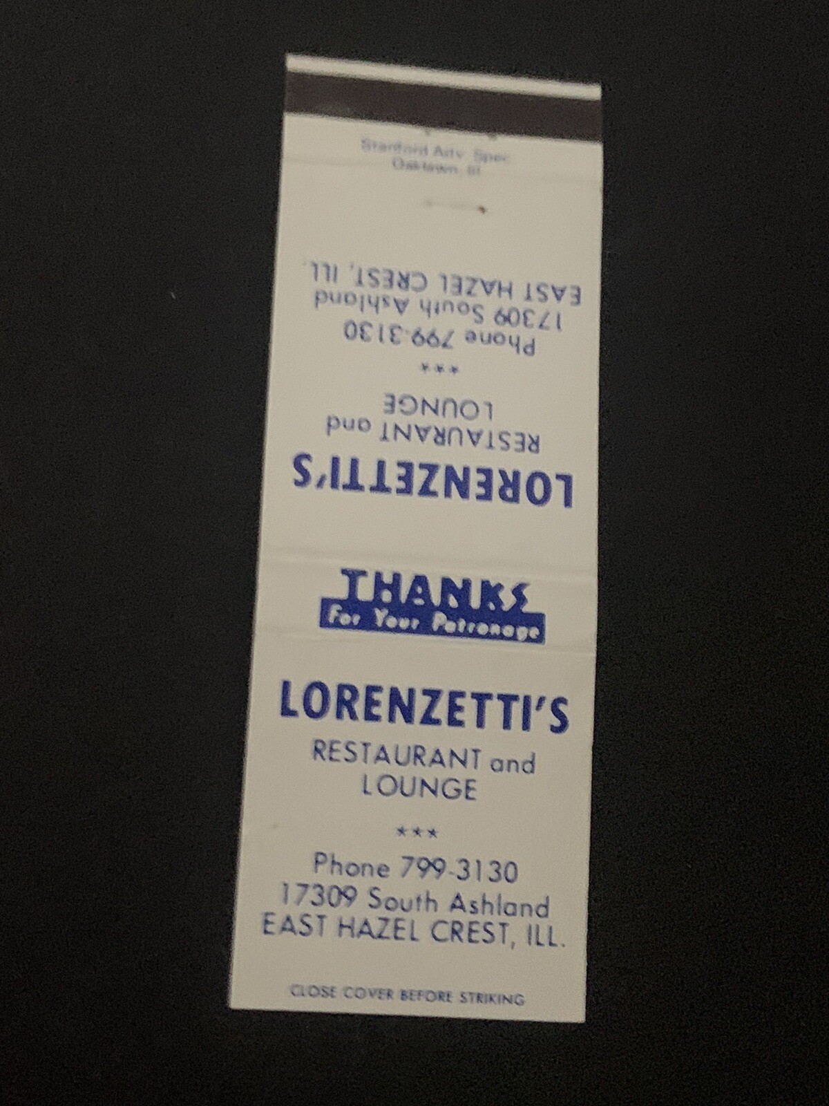Vintage Illinois Matchbook “Lorenzetti’s Restaurant” East Hazel Crest Vintage Illinois Matchbook “Lorenzetti’s Restaurant” East Hazel Crest