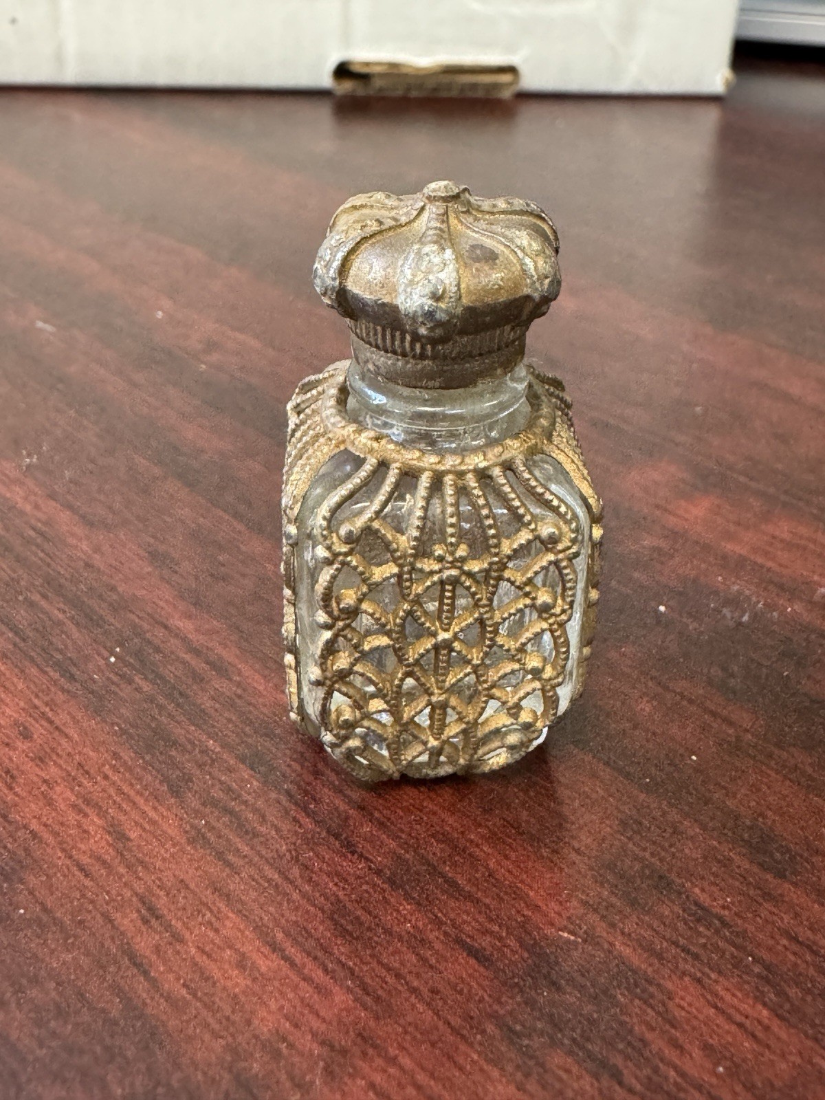 Miniature Perfume Bottle Filigree Metal Overlay Glass Vanity #3 - 1-5/8” Tall