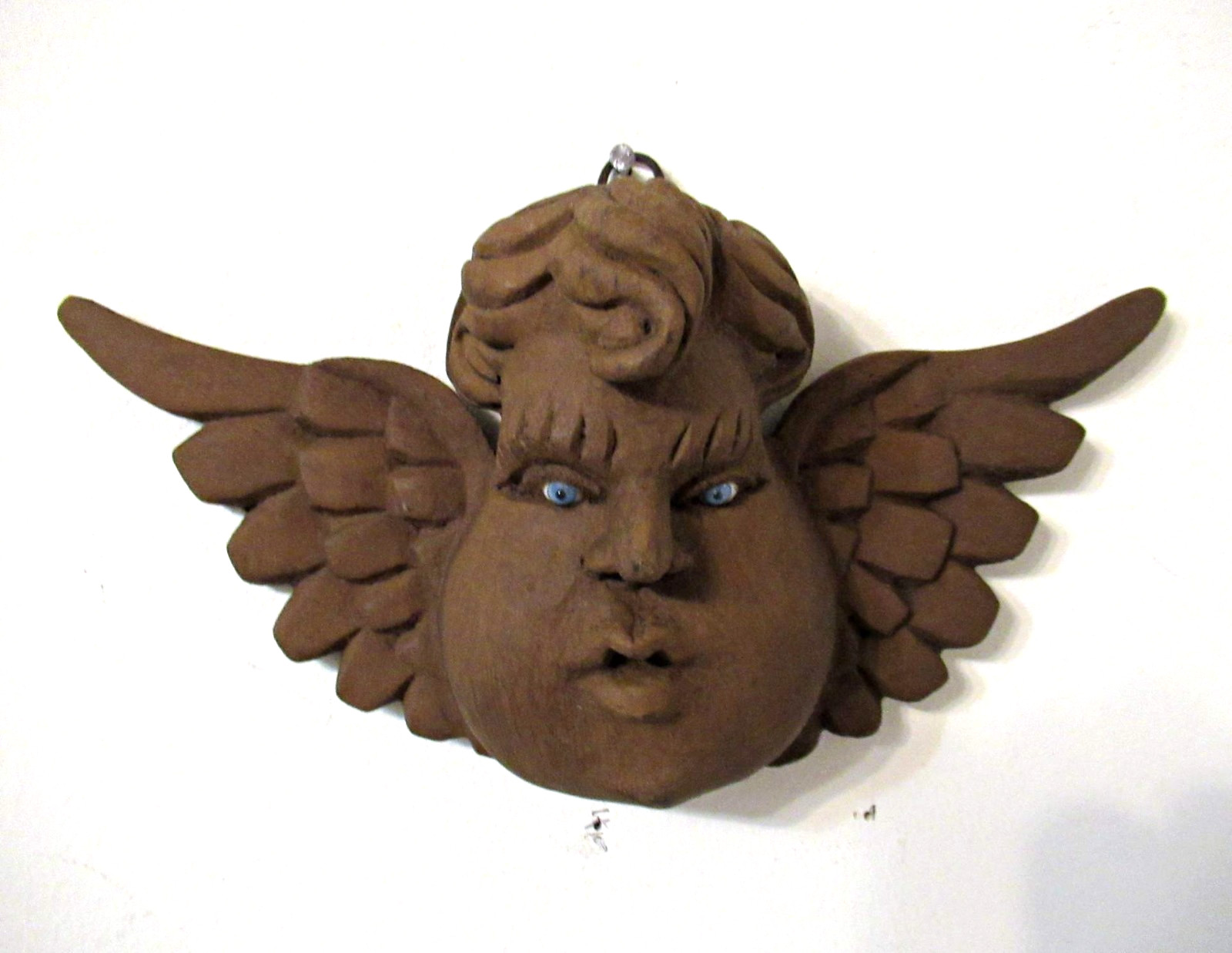 VTG MEXICO GUERRERO CARVED WOOD ANGEL CHERUB HEAD GLASS EYES MEXICAN FOLK ART