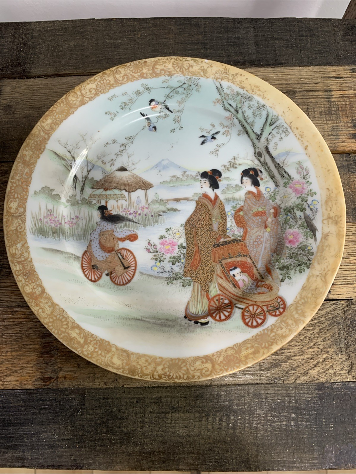 Vintage Japanese Geisha Porcelain Plate Gold Gilt Mt Fuji Bicycle Scene 9”
