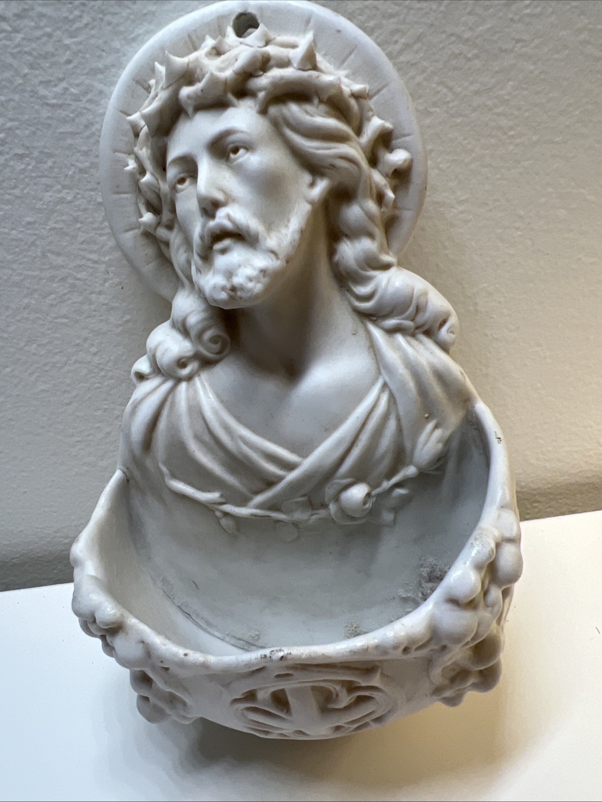 ART NOUVEAU HOLY  WATER FONT Bisque  Porcelain Germany 6” X 4”