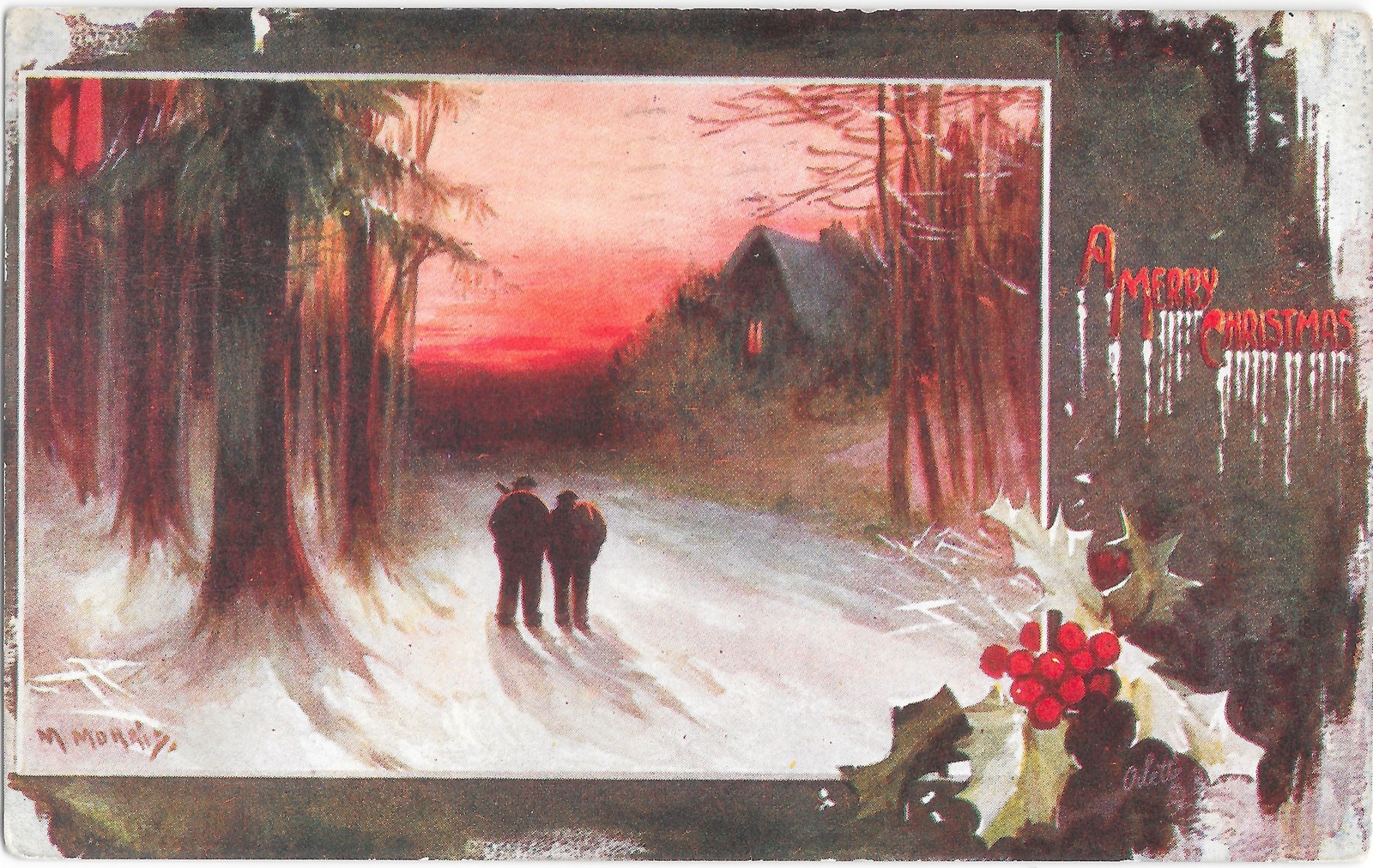 Tuck\'s Oilette Christmas Postcard Snowy Sunset Path 1909 Posted MO