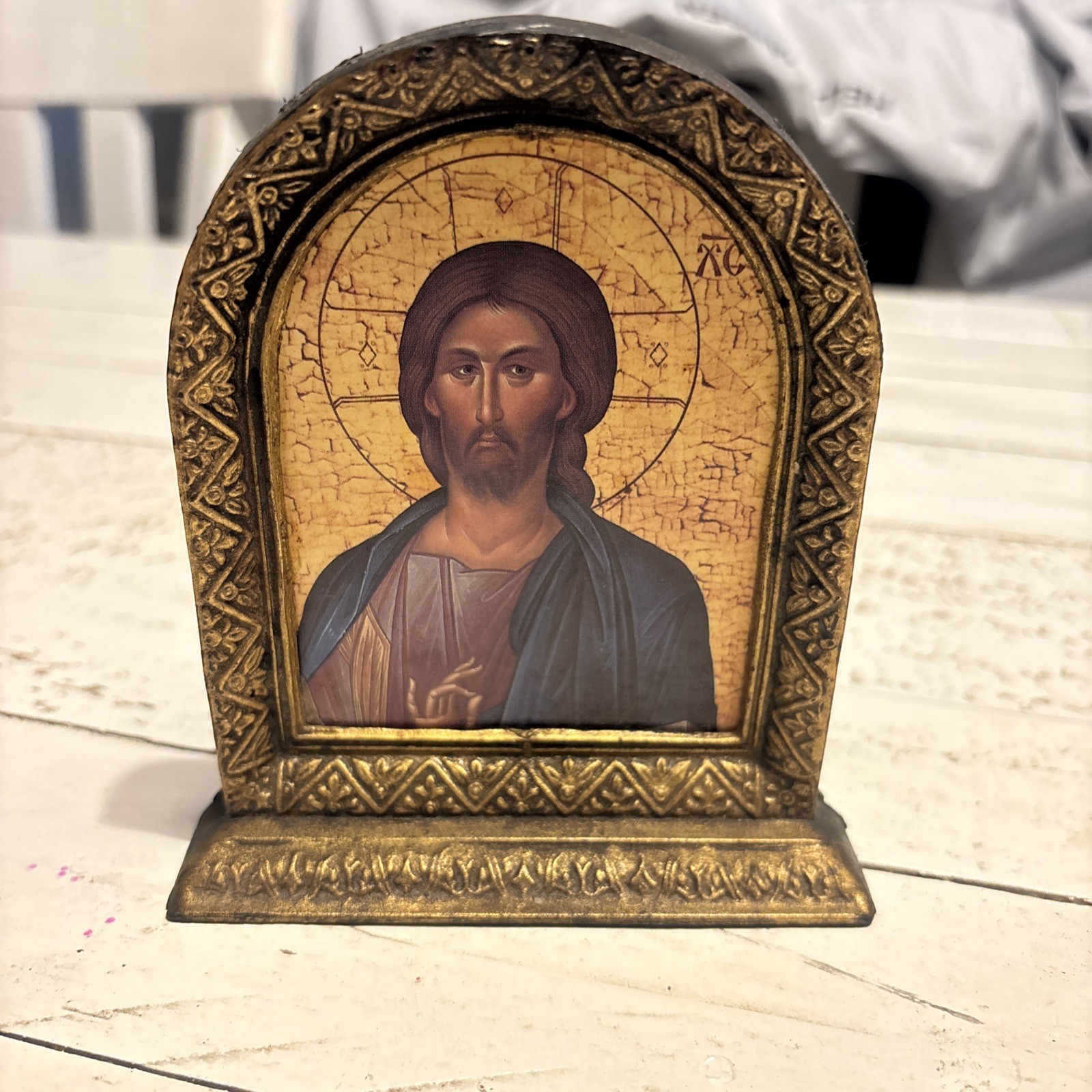 Vintage Picture of Jesus Christ Pantocrator Orthodox Icon Wooden Frame