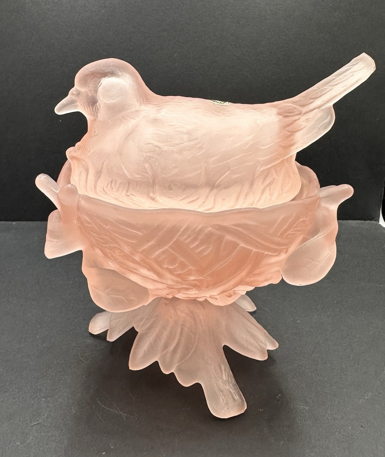 Westmoreland Pink Satin Glass Robin On Nest Covered Dish Bird Candy Trinket