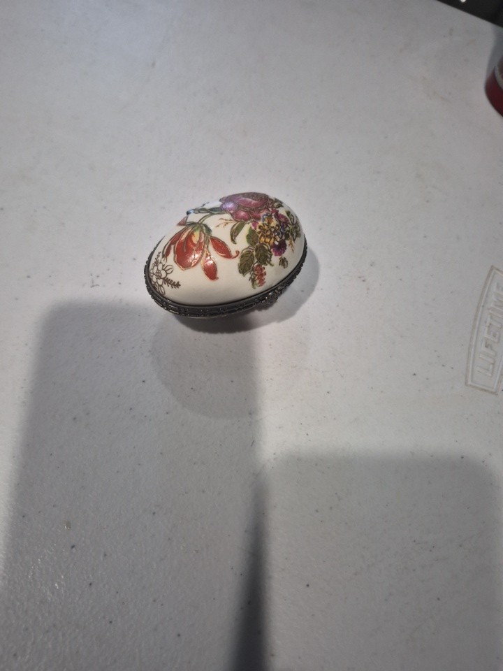 Vintage Egg Shaped Trinket Box Floral Hand Painted Easter Old Leaf Cottage Core