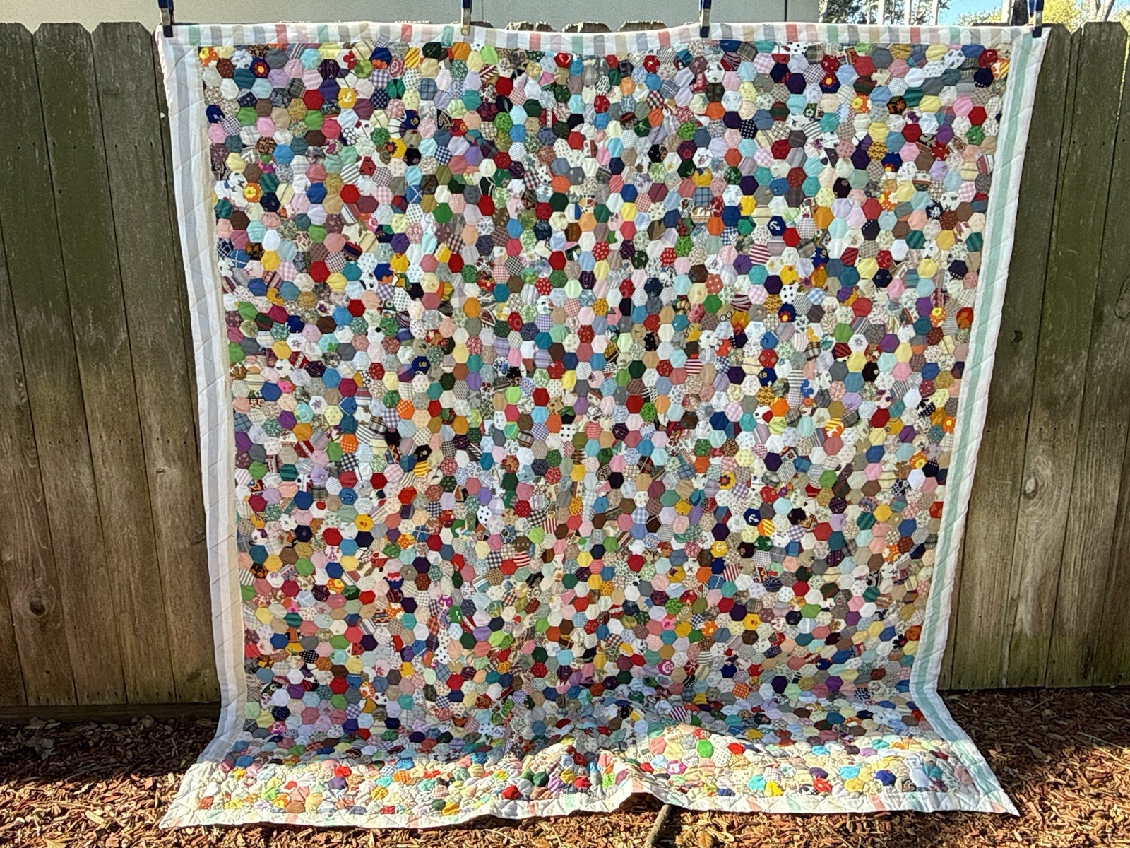 Huge Vintage Grandmother\'s Flower Garden Hexagon Quilt 92”x72” PRISTINE