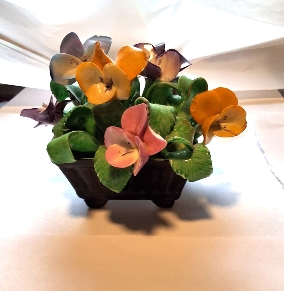 Vintage Coalport bone china flower bouquet in black square vase 4\