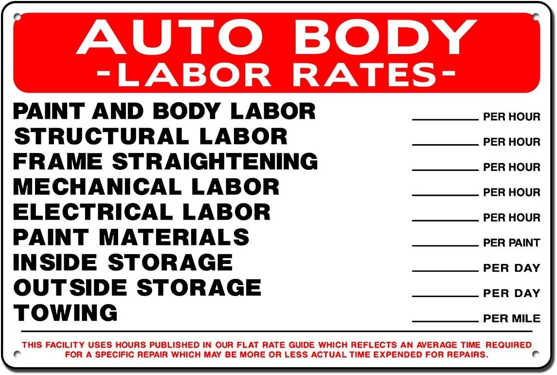 Everett Goodman Safety Tin Metal Sign Auto Body Labor Rates 8x12 