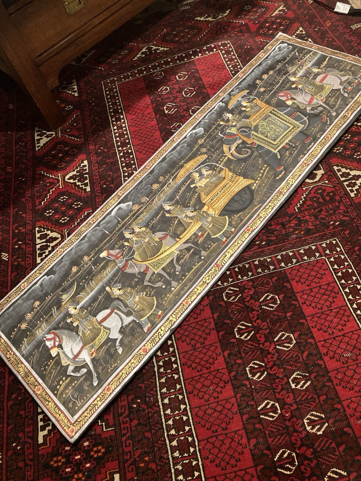 Vintage Hand Painted Indian Silk Royal Procession With Gold Paint Large 57 Vintage Hand Painted Indian Silk Royal Procession With Gold Paint Large 57