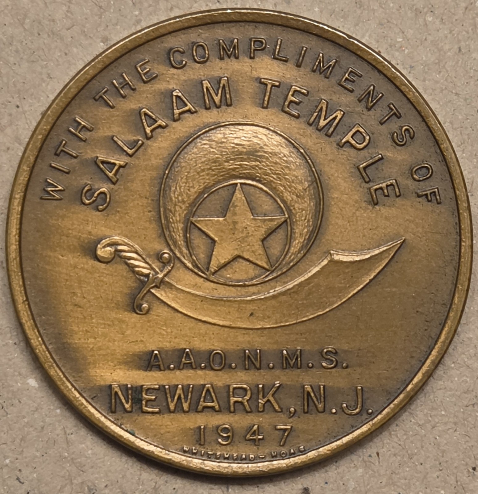 Shriners Token (1.25”) Thomas A. Edison Salaam Temple Newark, N.J. 1947