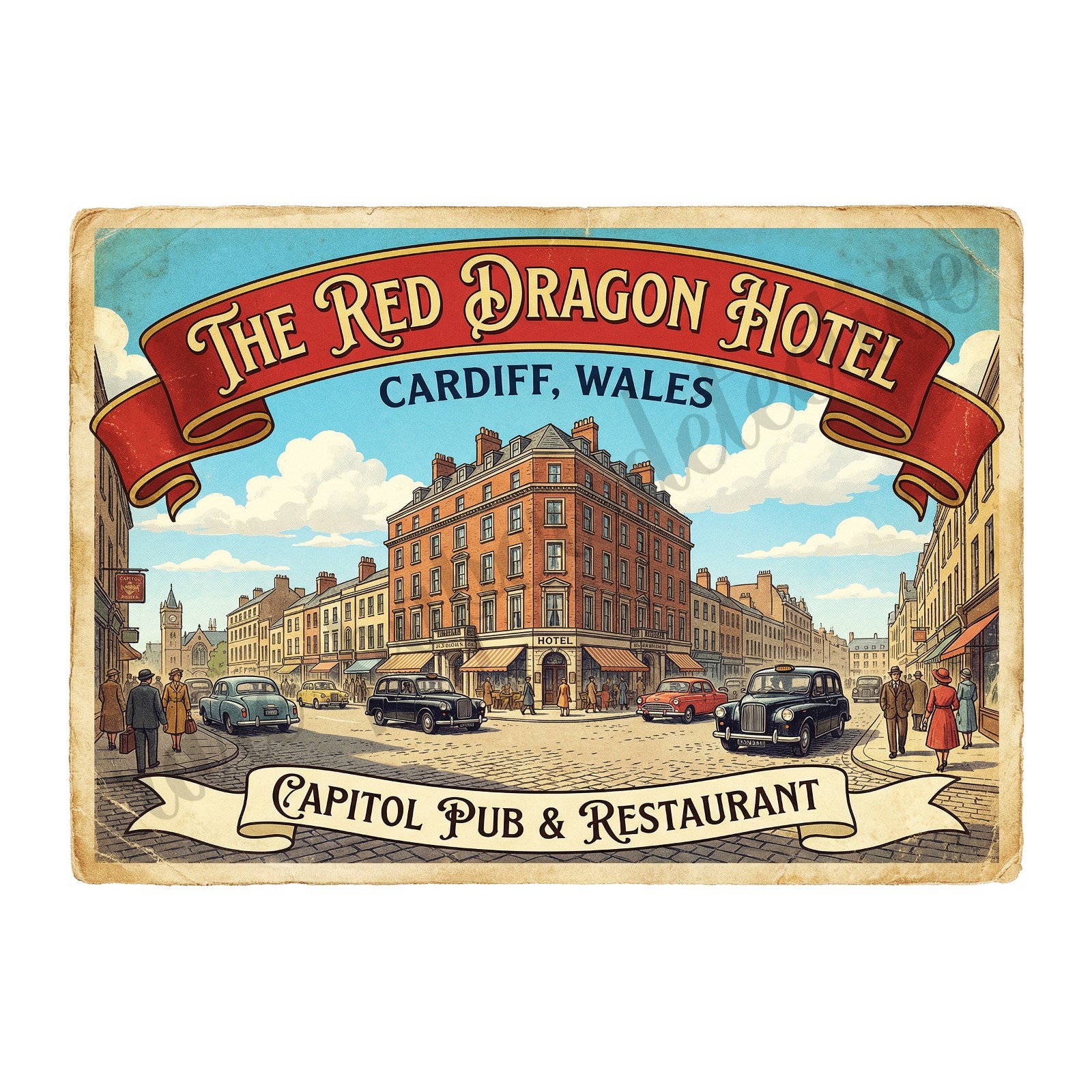 Hotel Luggage Sticker Label, Cardiff Wales, Exclusive Retro Design 5\