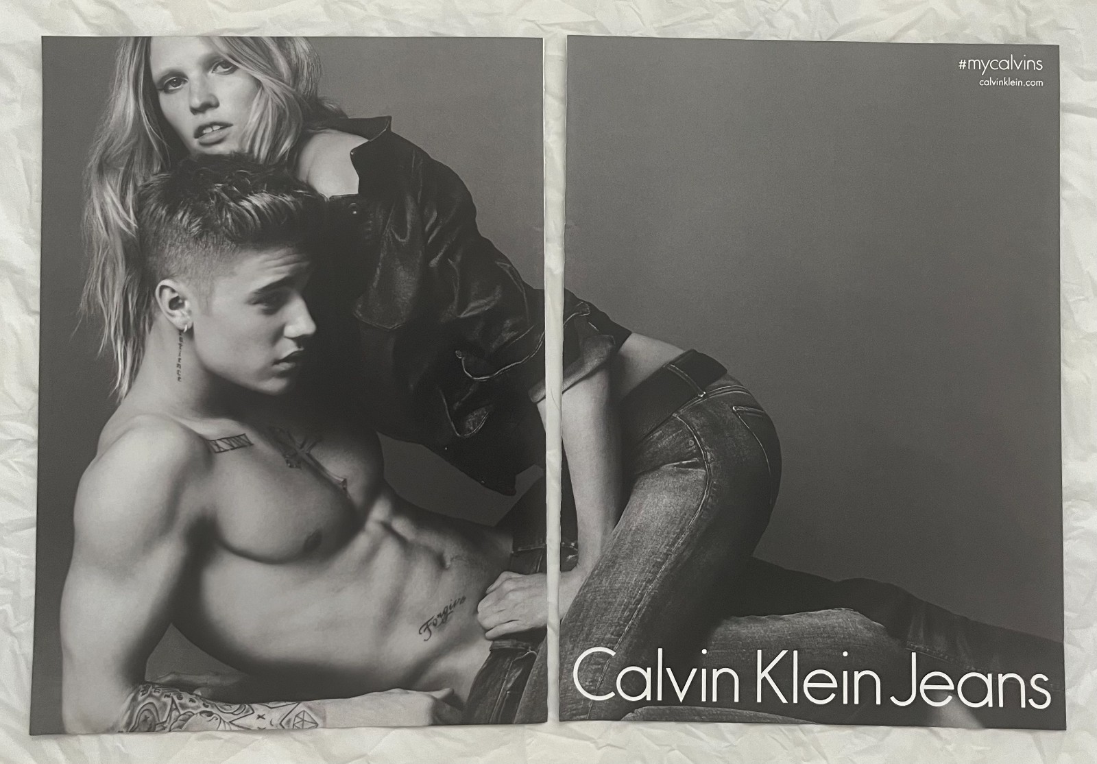 2015 Vtg Justin Bieber and Lara Stone Calvin Klein Jeans Fashion Magazine Ad Art