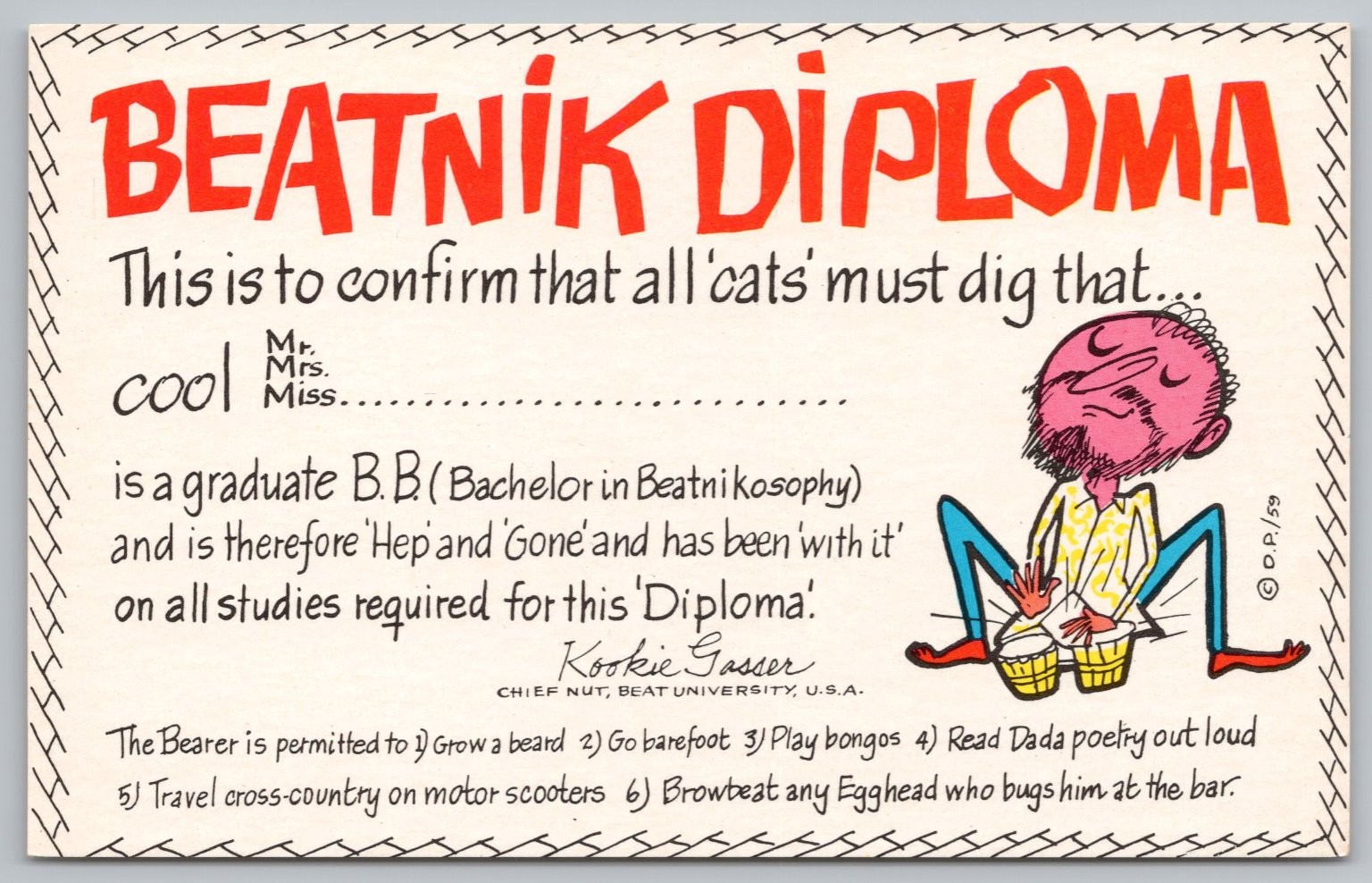 Vintage 1959 BEATNIK DIPLOMA Humorous Postcard Kookie Gasser Hippie Bongos UNP