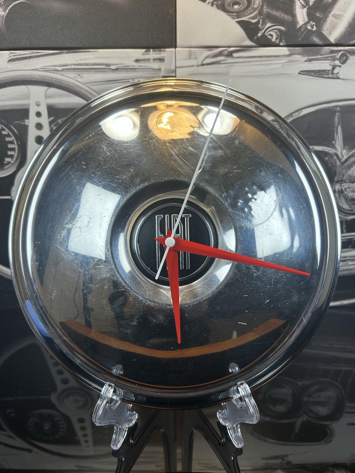 Vintage 1960s Fiat Chrome Hubcap Wall Clock Custom Italian Garage Art Man Cave