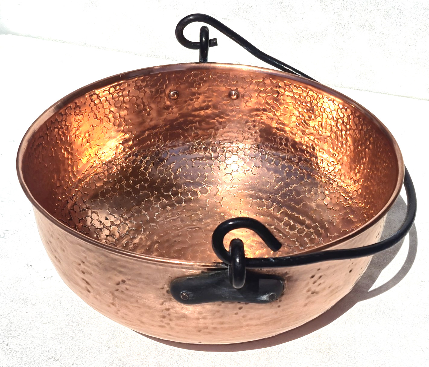 Vintage 12.8inch French Copper Jam Pan Cauldron Iron Handles Rounded Rim 4.4lbs