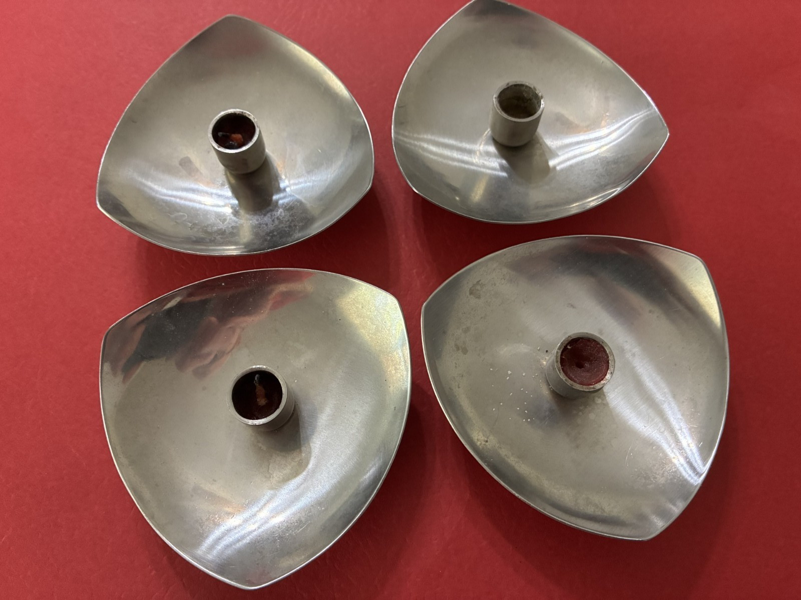 Four Stelton Stainless Denmark triangular taper candle holders Danish MCM Four Stelton Stainless Denmark triangular taper candle holders Danish MCM