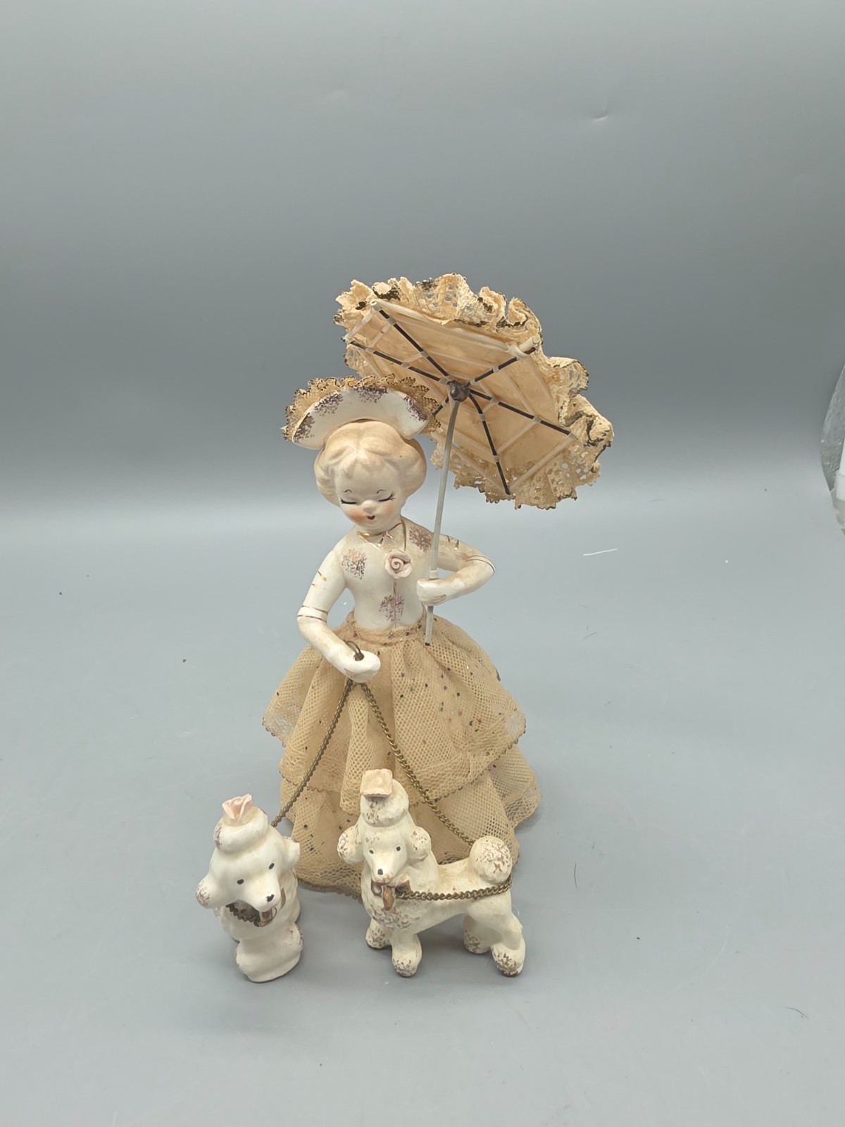 Vtg Arnart Creation Porcelain Lady Cream Lace Skirt Parasol Chained Poodles