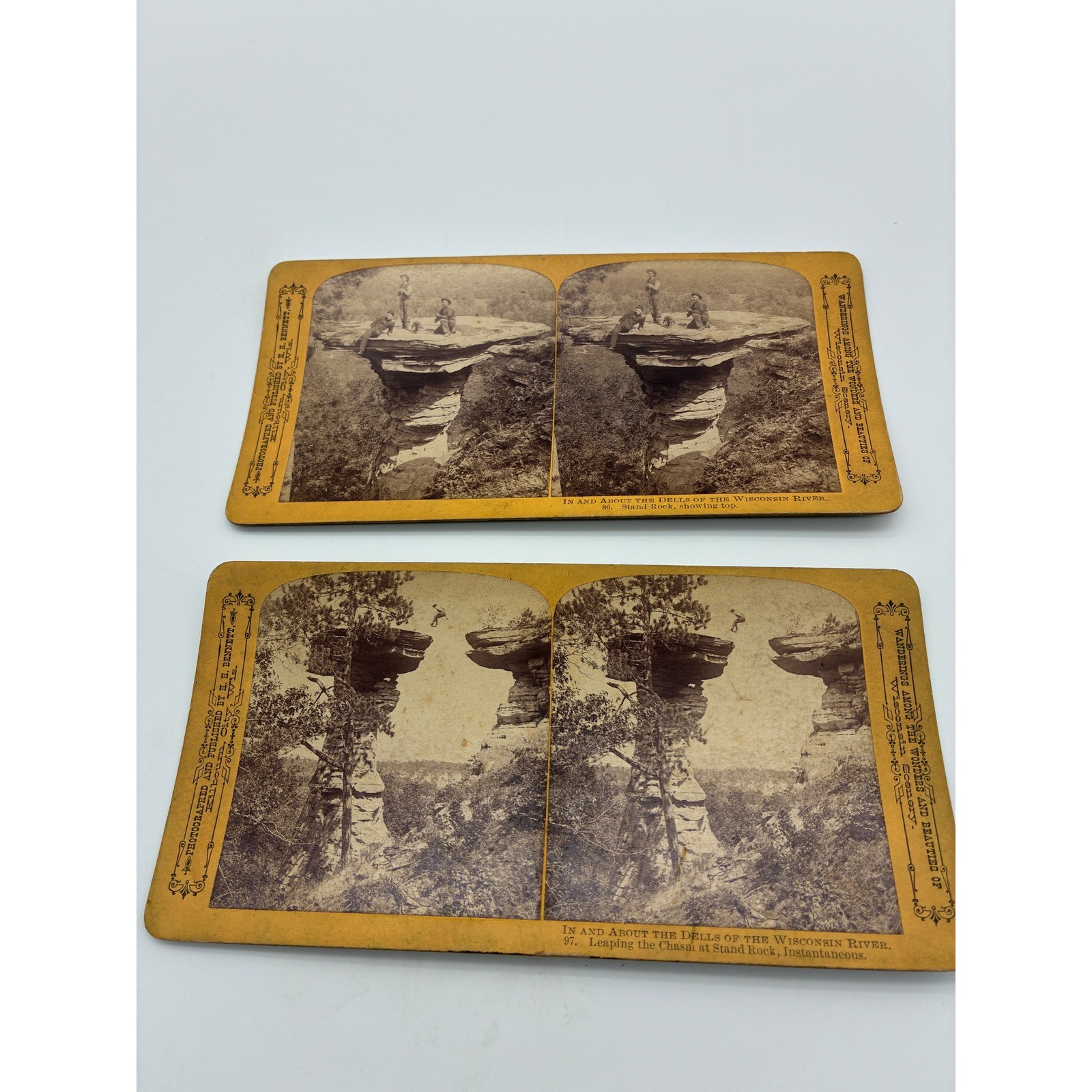 2 Antique H.H. Bennett Stereoview Cards Wisconsin Dells Stand Rock Leaping Chasm 2 Antique H.H. Bennett Stereoview Cards Wisconsin Dells Stand Rock Leaping Chasm