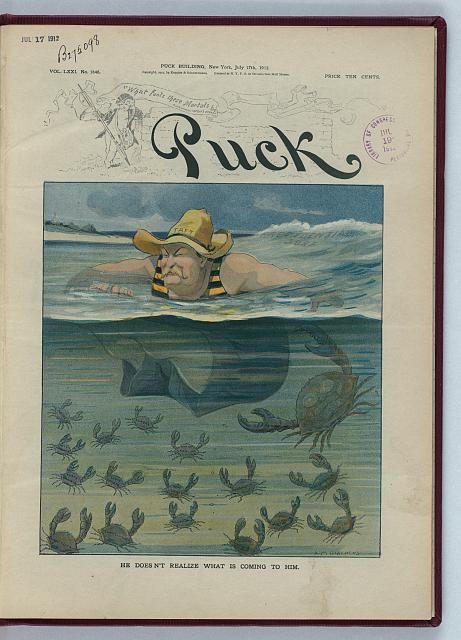 New York NY 1912 Taft Swimming Puck Cover Roosevelt Political Cartoon