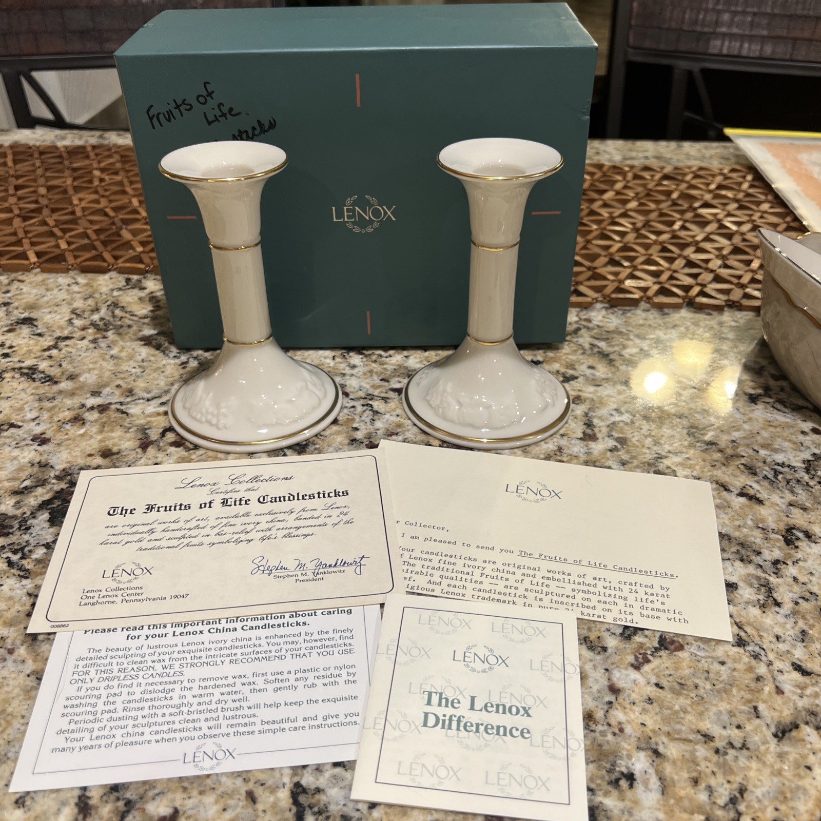 Lenox Fruits of Life Candlesticks 1989 Ivory China w/Gold Trim W/ Box & Certific