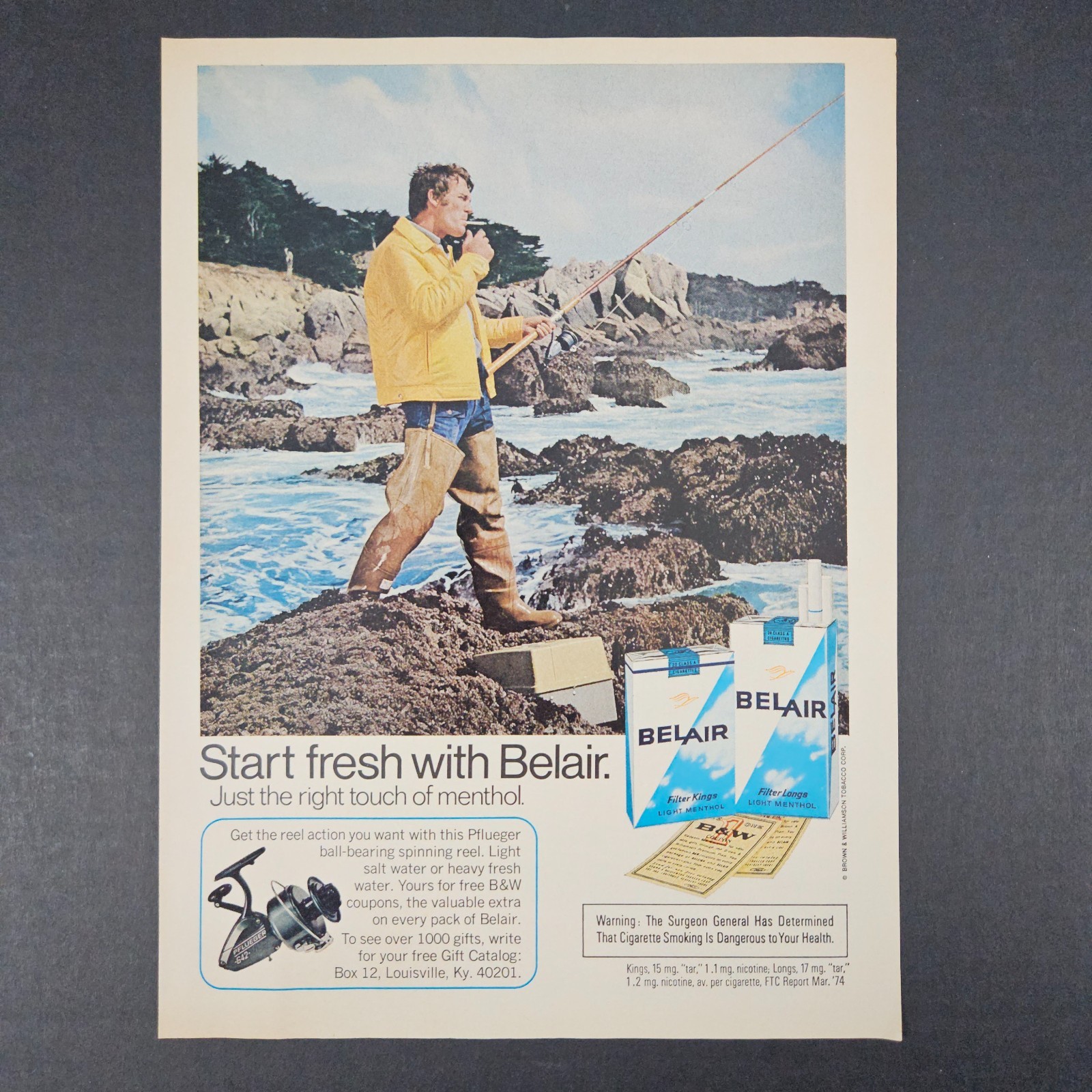 1974 Brown & Williamson Tobacco Belair Cigarettes Vintage Print Ad Pflueger Reel