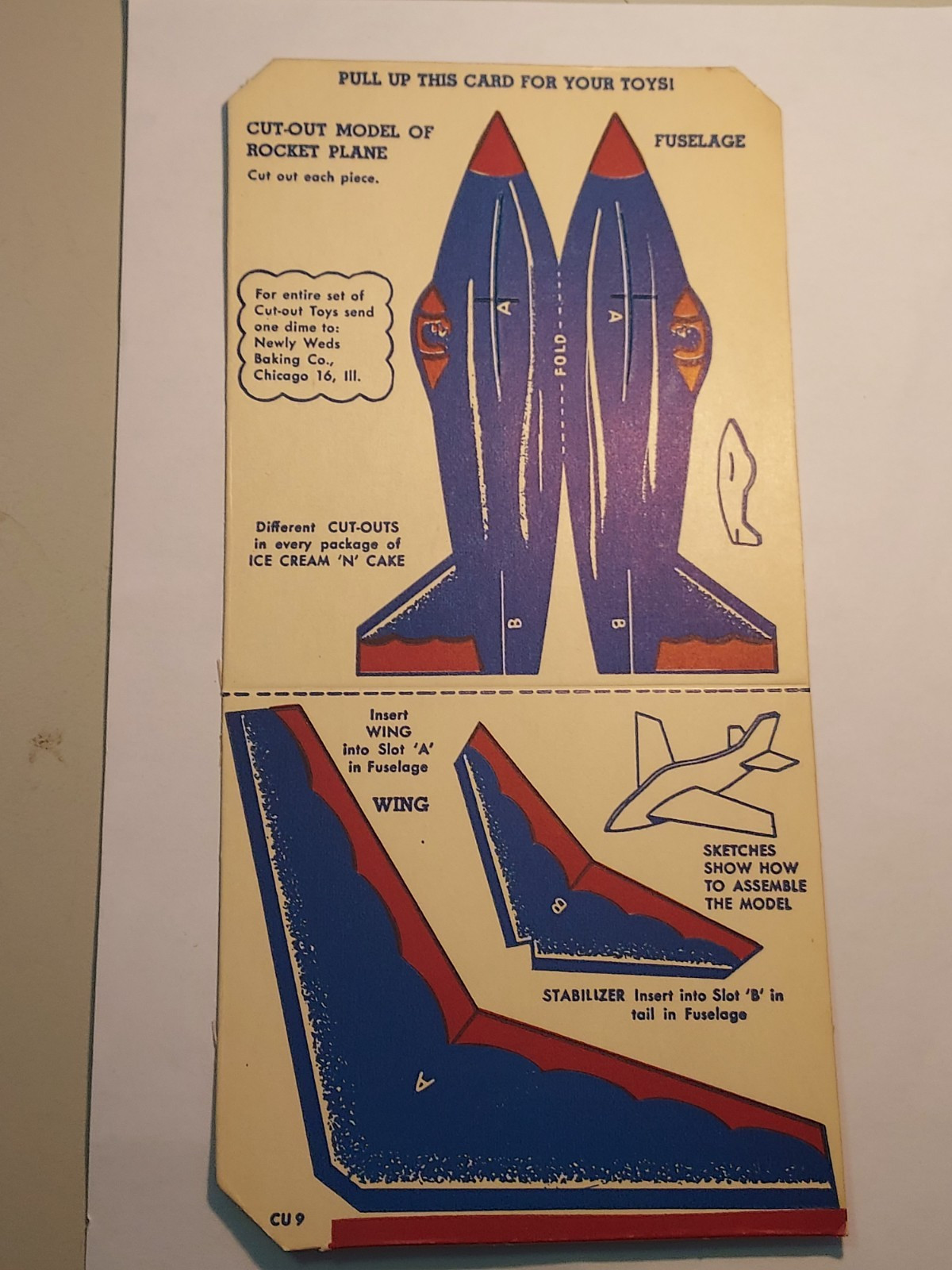 1950s Ice Cream'n Cake Roll Newly Weds Baking Co. Cut-out Model of Rocket Plane