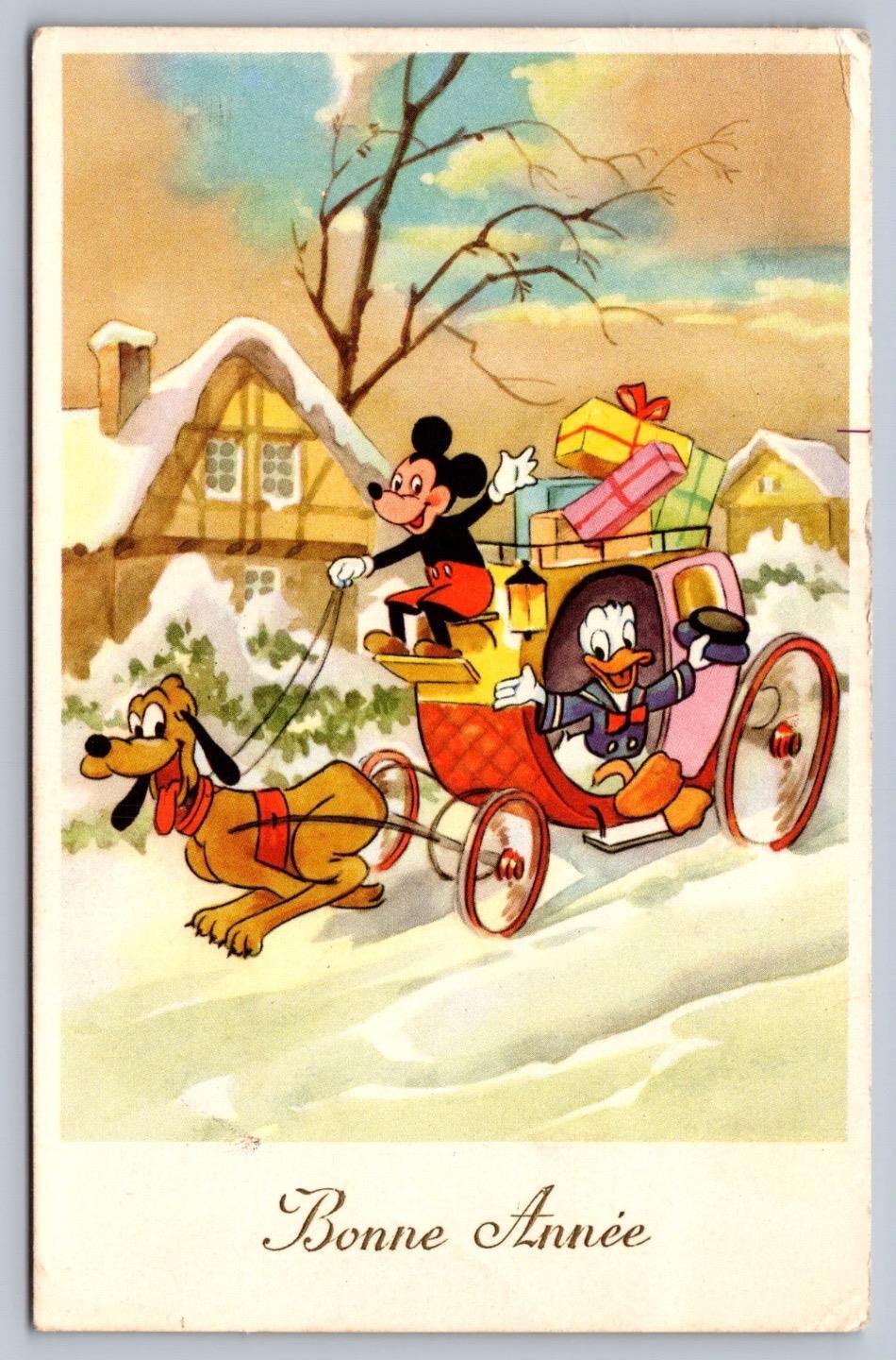 1955 Walt Disney postcard BONNE ANNEE Donald, Mickey, Pluto pulls carriage