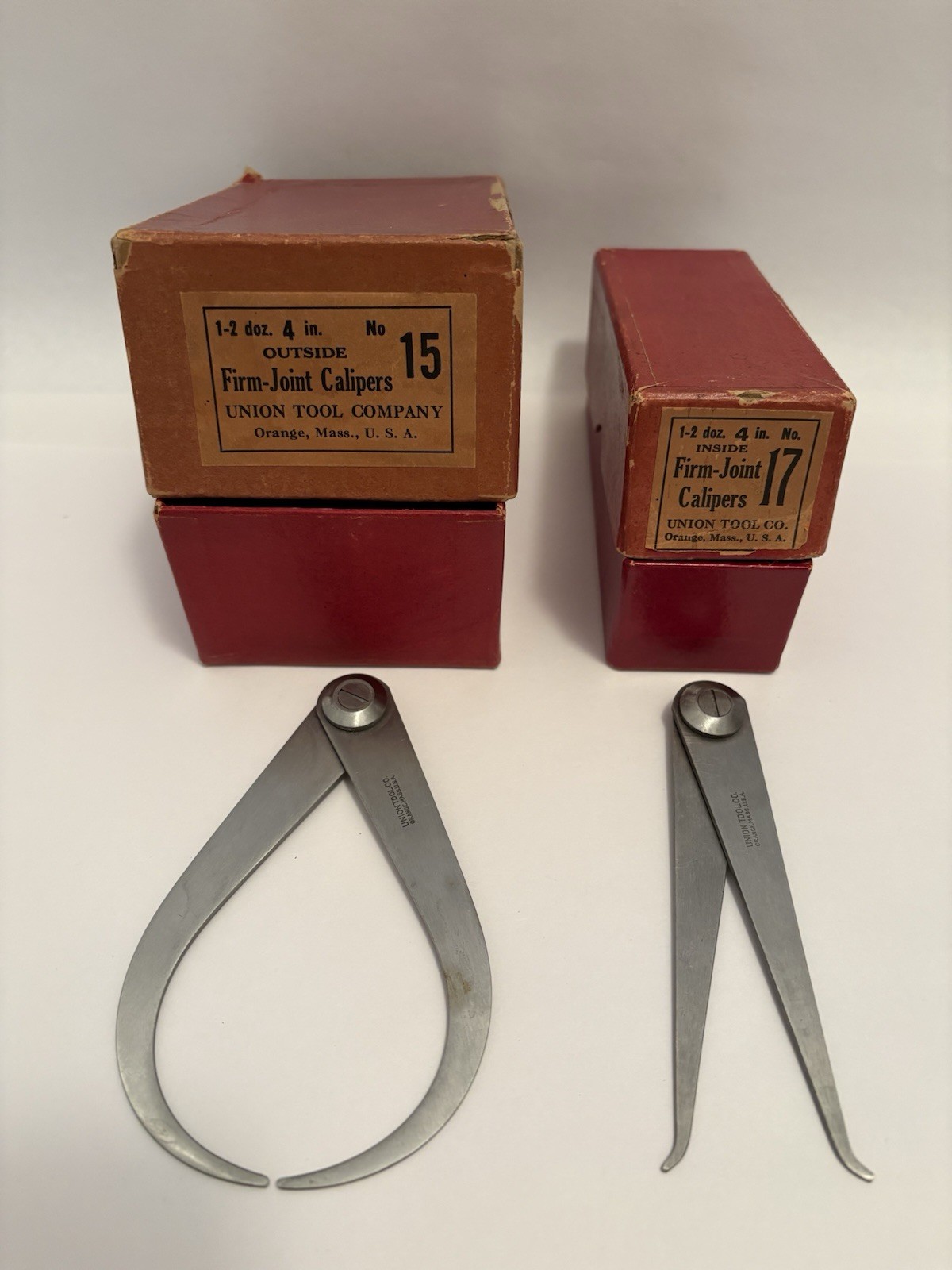 NOS - UNION TOOL #15 & #17 - 4” OUTSIDE & INSIDE CALIPERS W/BOXES - U.S.A. - NEW