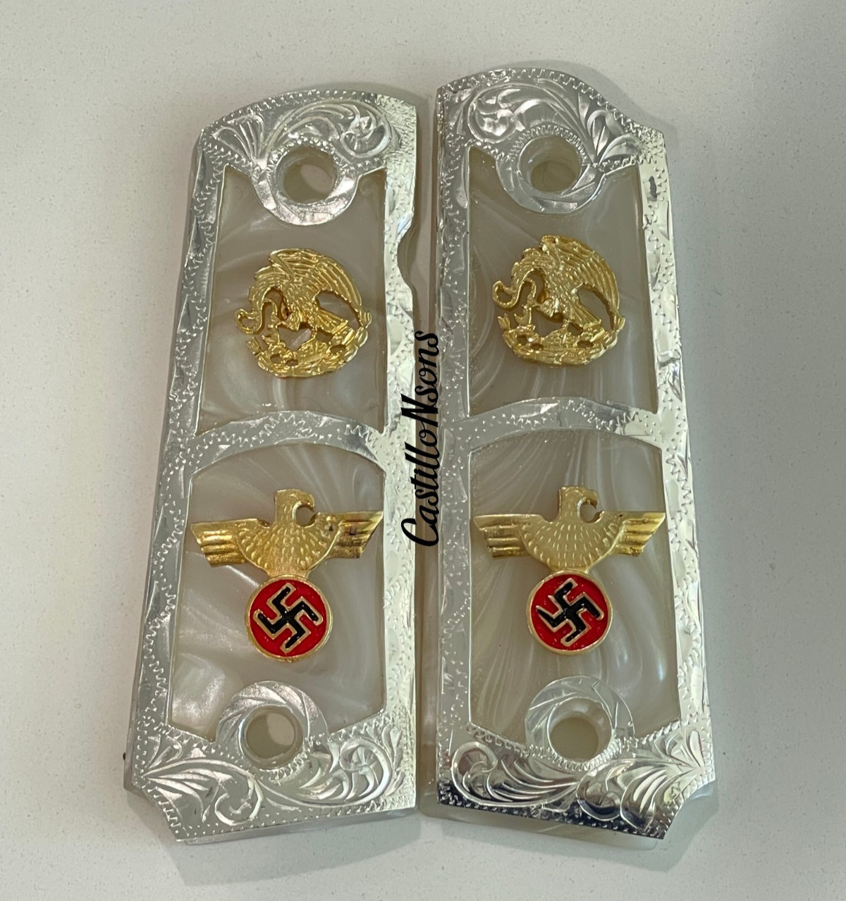 Custom 1911 Grips – Hand Engraved WWII German Eagle & Mexican Eagle – Historical