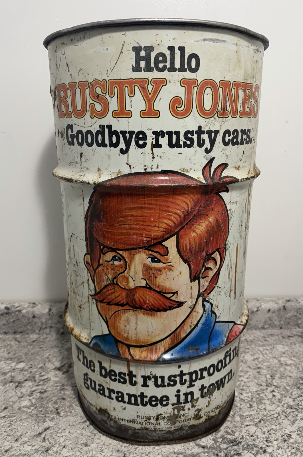 Vintage Rusty Jones Rustproofing Metal Drum Trash Can 27