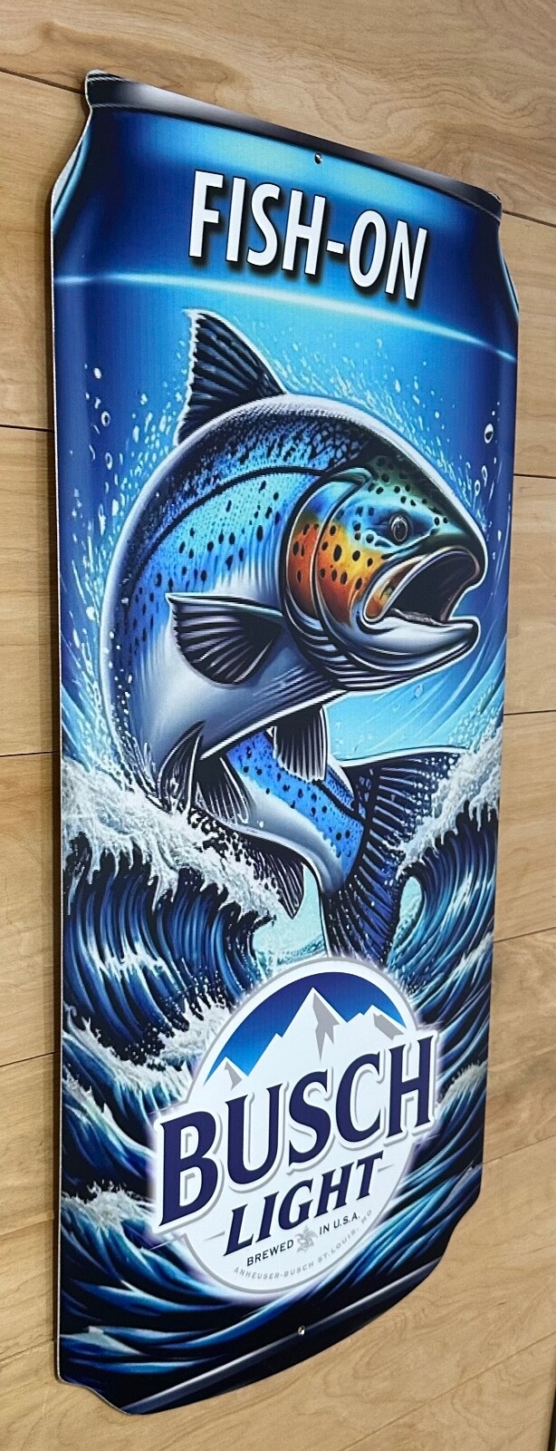 Busch Light Fish-On Salmon Can Sign - Size: 13.25 in X 28 in X ⅛ in. Busch Light Fish-On Salmon Can Sign - Size: 13.25 in X 28 in X ⅛ in.