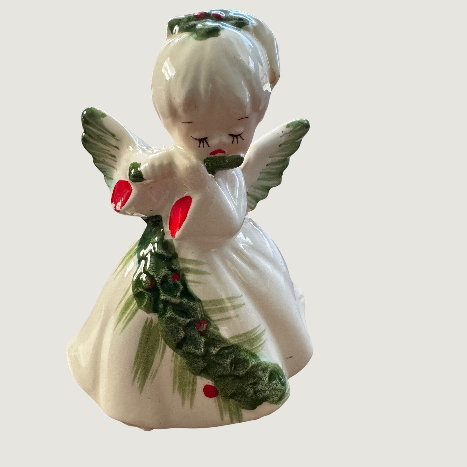 Vintage Lefton Christmas Angel Figurine 6394 Japan Ceramic Holly Garland Holiday