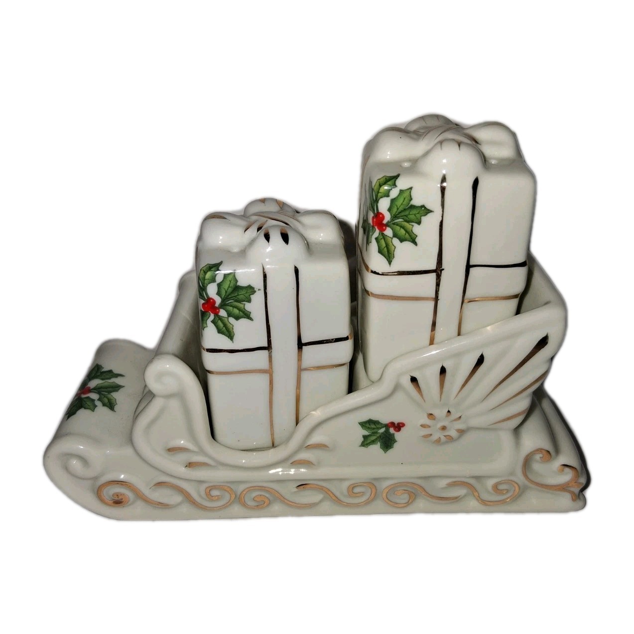 Holly Collection Christmas Salt And Pepper Shakers Porcelain Sleigh Gold/White