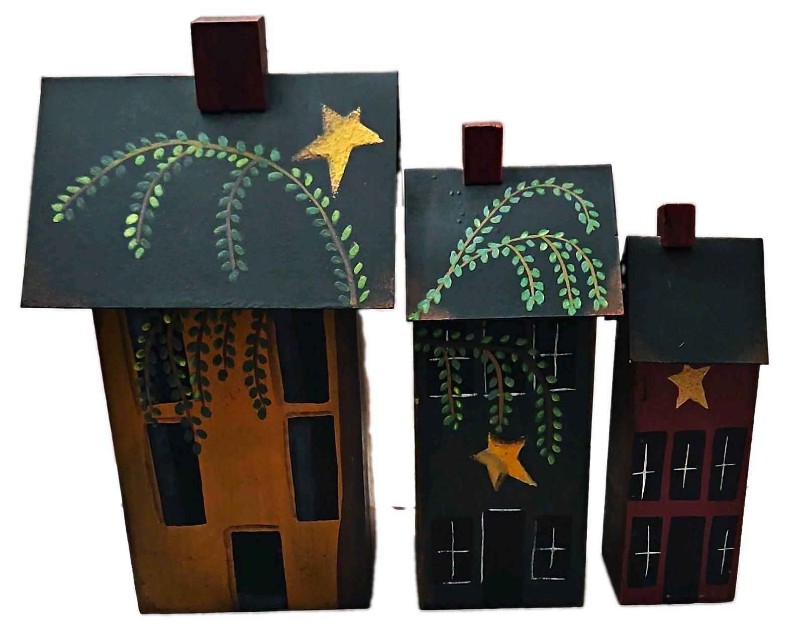 Hand-Painted Rustic/Primitive Wood House Figurines Set of 3 Black/Tan/Burgundy