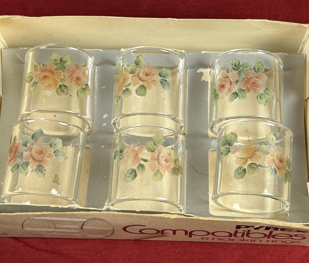 Vtg (6) Pyrex Compatibles Clear Glass 54 Napkin Rings Rose Pattern Original