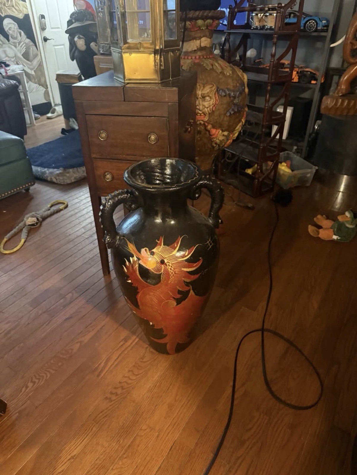 Vintage Terracotta Hand Painted Dragon & Floral Handled Floor Vase Jar Urn 30