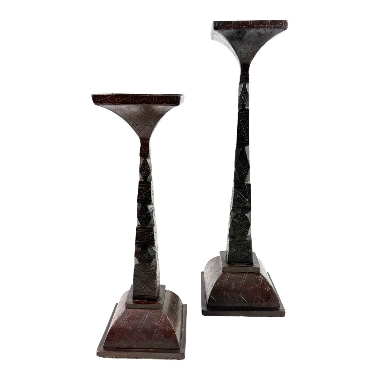 x2 Vintage Heavy Tribal Hand Stamped Iron Pillar Candle Holder Sticks 15in 19in