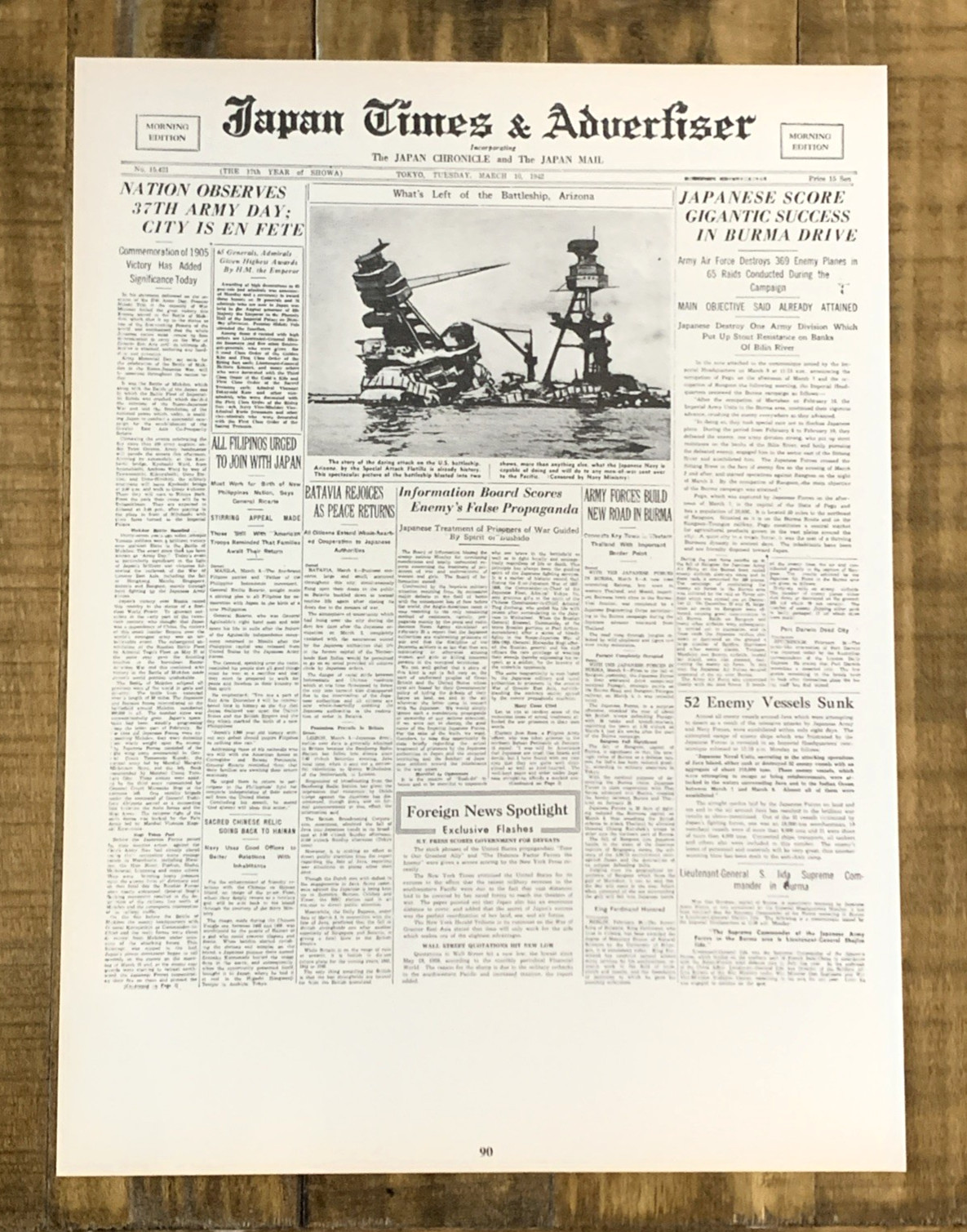 Japan Times & Advertiser Newspaper Front Page Headline 1942 #90