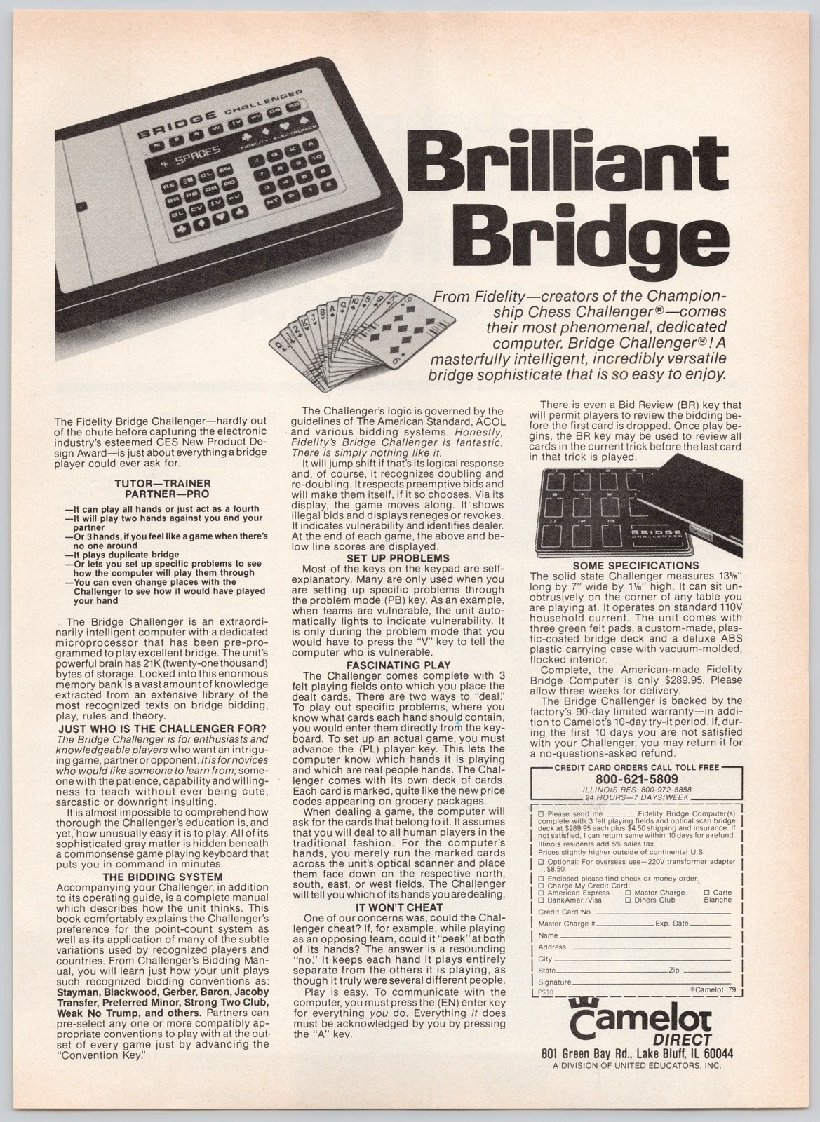 Bridge Challenger Fidelity Electronics Computer Game 1979 Vintage Print Ad