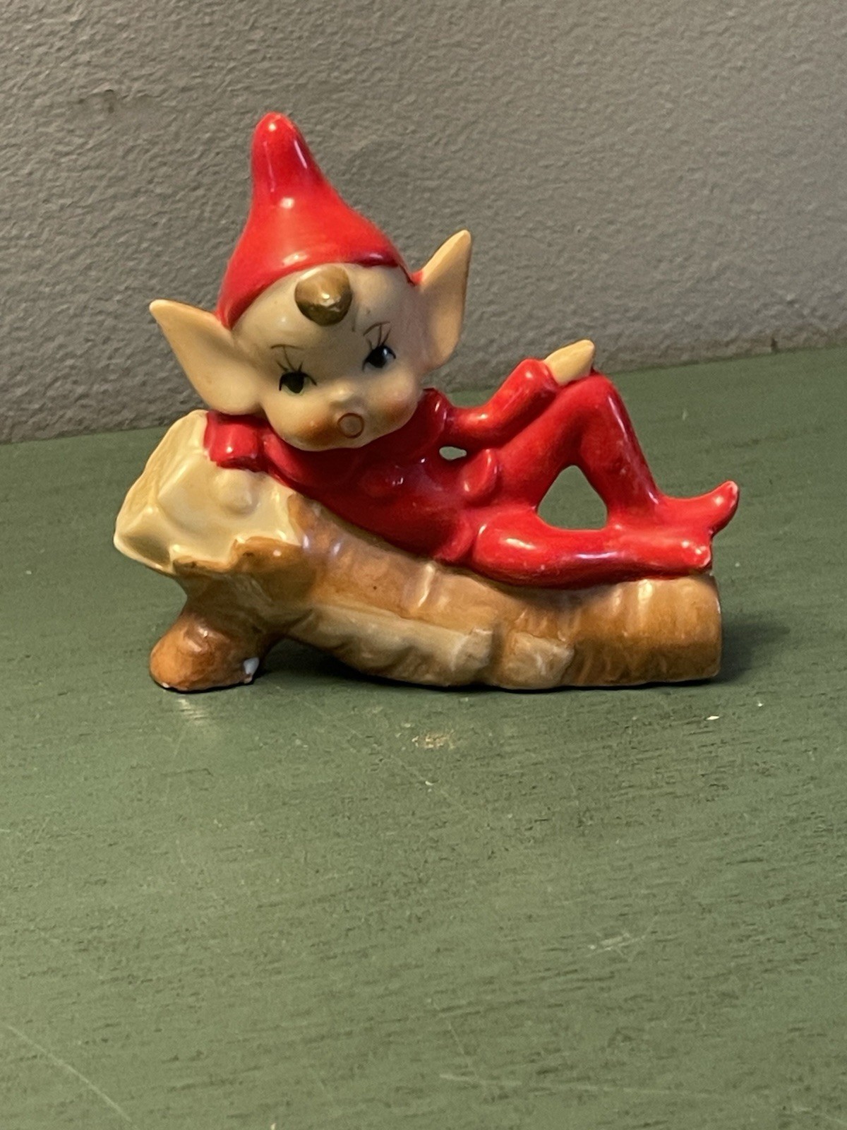 Vintage Pixie JAPAN Elf Log Tree Stump Ceramic Figural Kitsch MCM Christmas