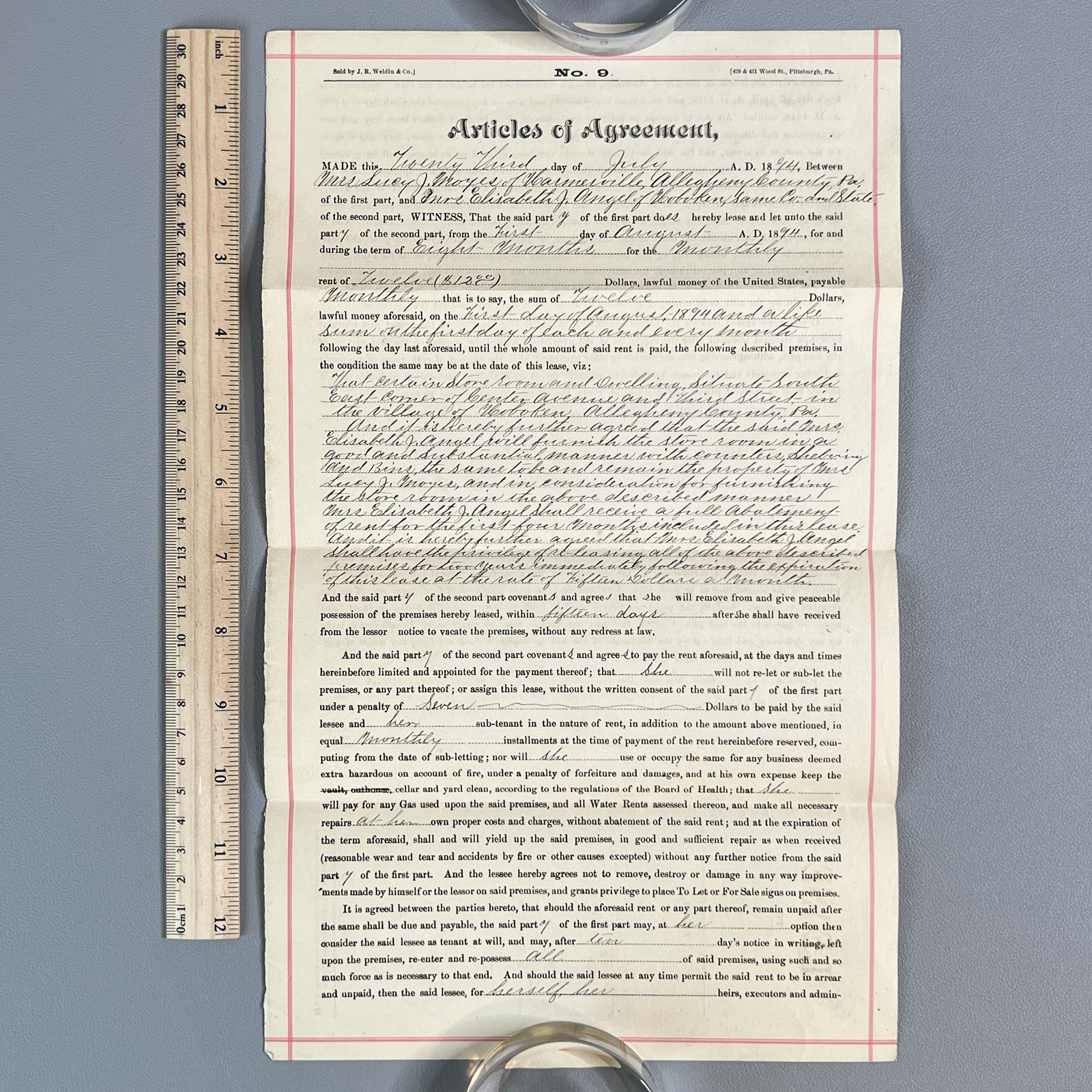 Vtg 1894 Hoboken PA Store Lease Blawnox Allegheny Co History Ephemera JR Weldin