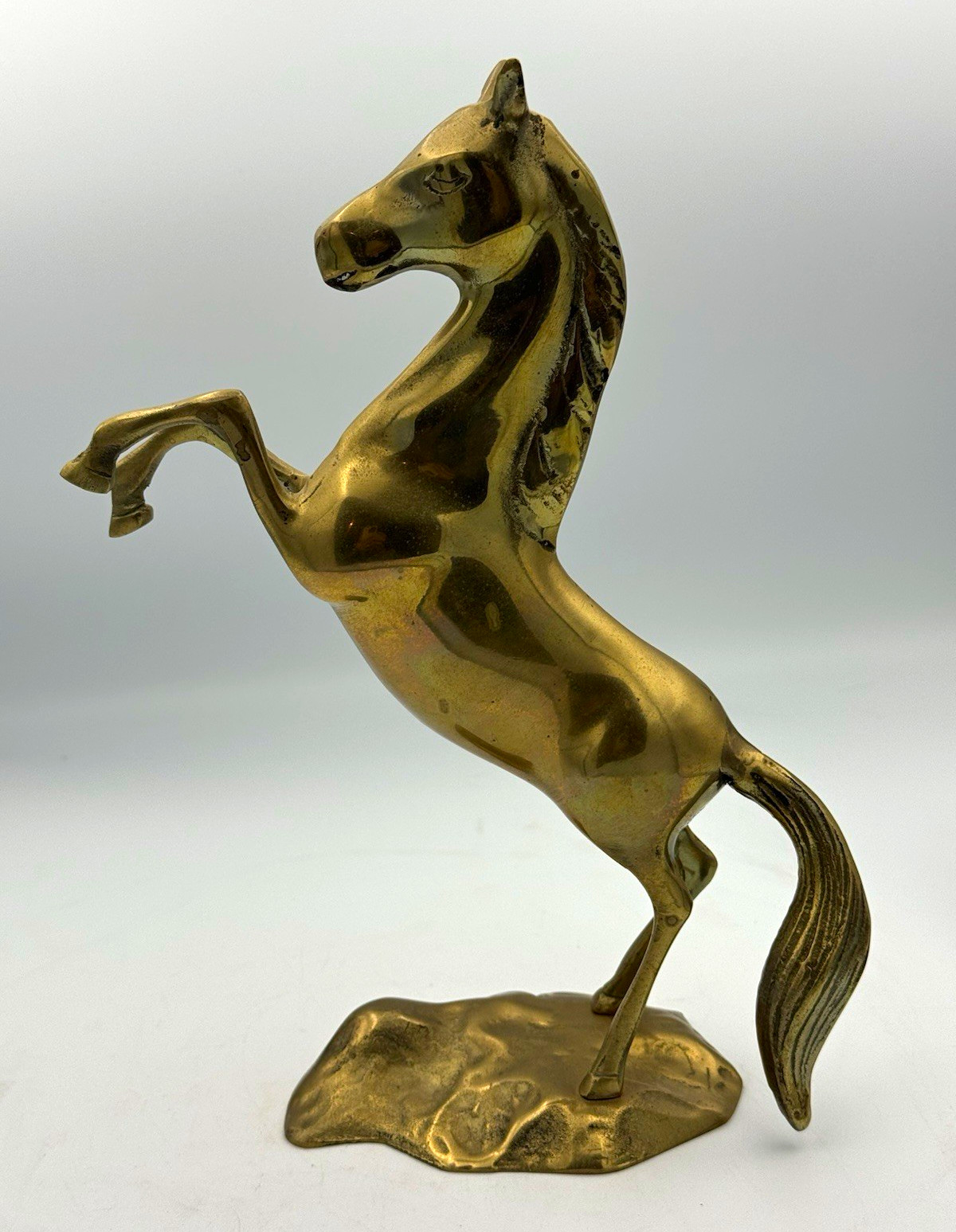 Vtg Solid Brass Rearing Horse Figurine Statue Sculpture on Base Decor 10.5”tall.